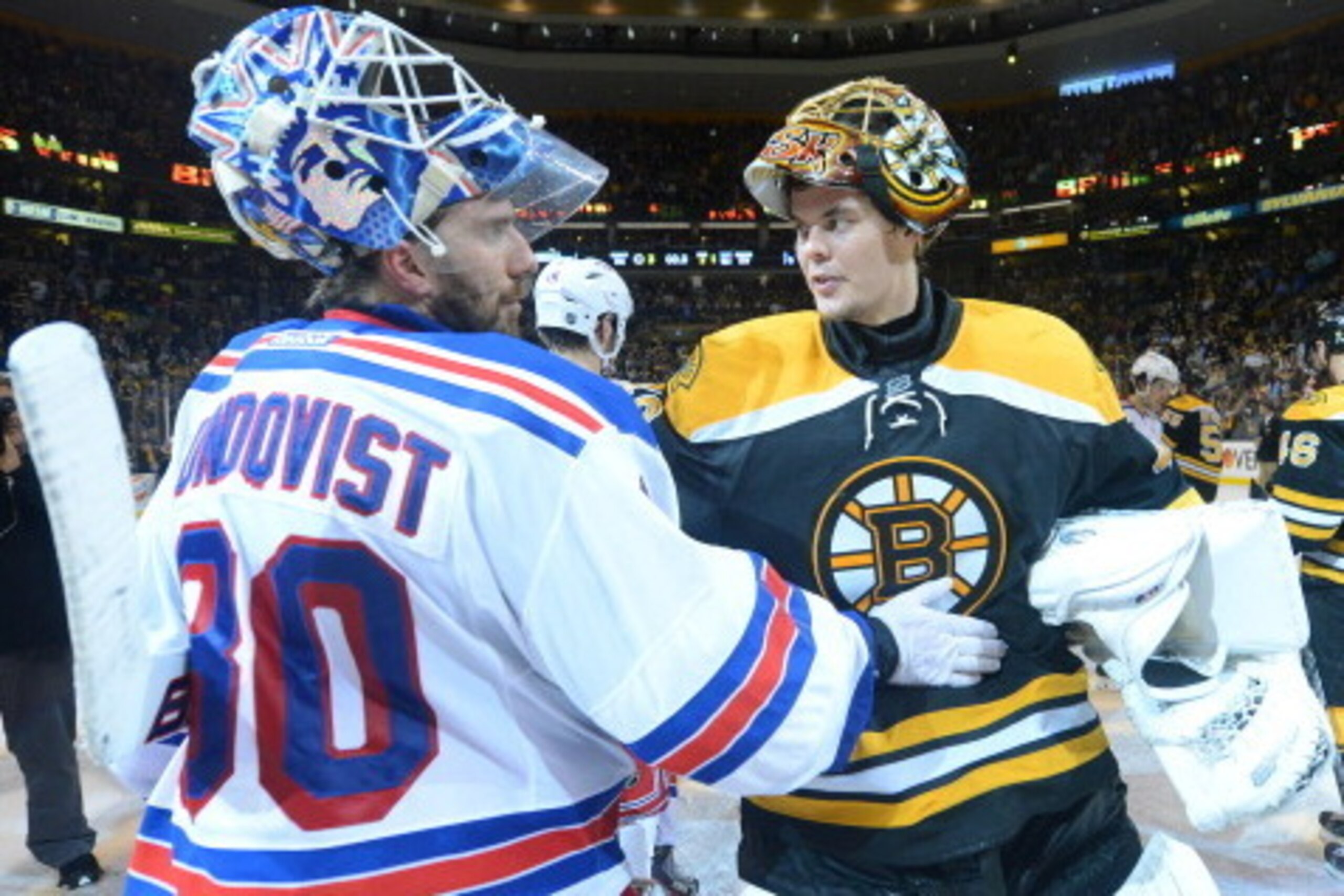 BOSTON, MA - MAY 25: Tuukka Rask #40 of the Boston Bruins shakes hands with Henrik Lundqvist #30 of the New York Rangers after Game Five of the Eastern Conference Semifinals during the 2013 NHL Stanley Cup Playoffs at TD Garden on May 25, 2013 in Boston, 