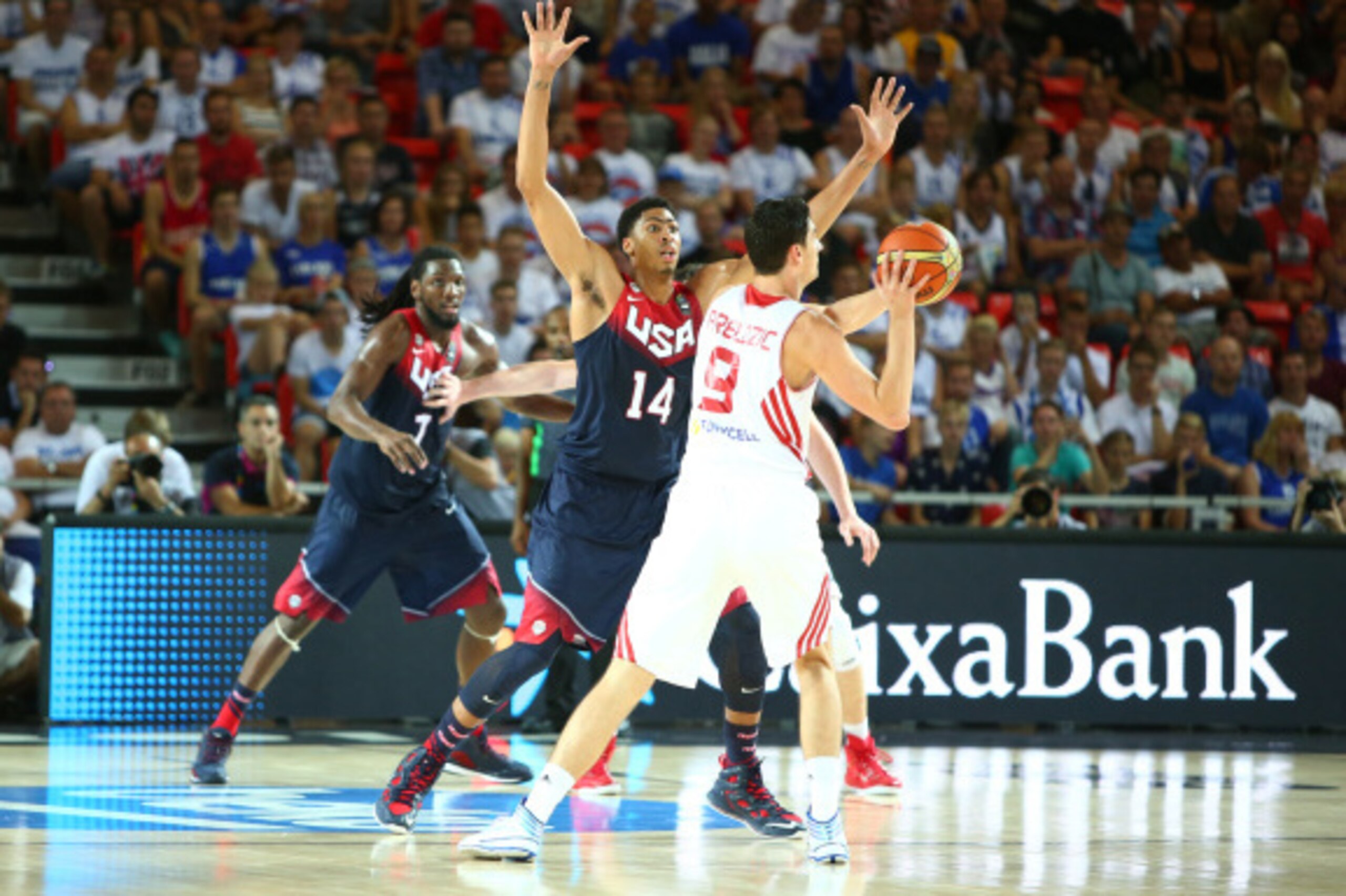 BILBAO, SPAIN - AUGUST 31: Anthony Davis #14 of the USA Basketball Men's National Team defends against Emir Preldzic #9 of the Turkey Basketball Men's National Team during the 2014 FIBA World Cup at Bizkaia Arena in Bilbao Exhibition Centre on August 31, 