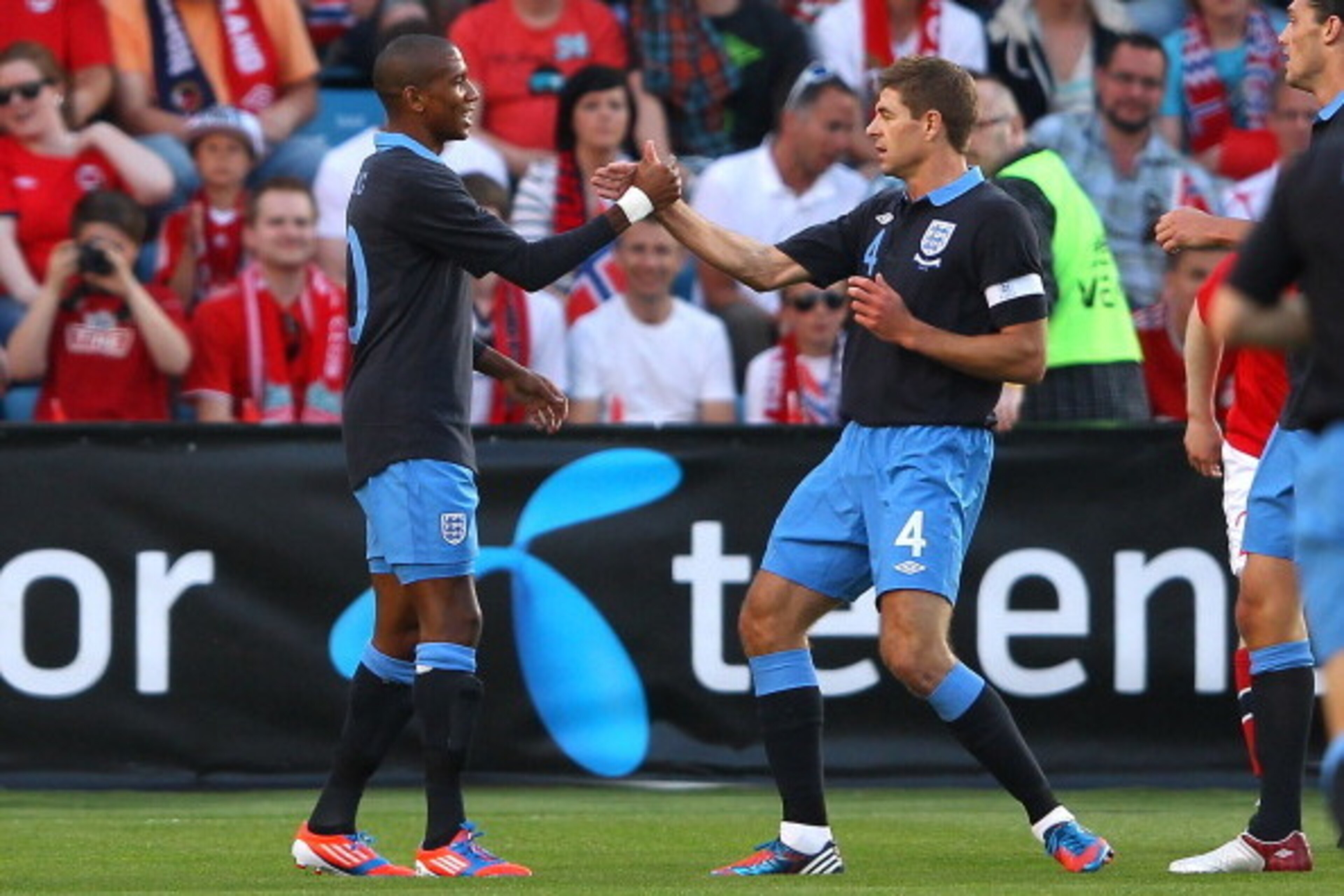 OSLO, NORWAY - MAY 26:  Ashley Young of England celebrates his goal with Steven Gerrard during the International Friendly match between Norway and England at Ullevaal Stadion on May 26, 2012 in Oslo, Norway.  (Photo by Alex Livesey/Getty Images)