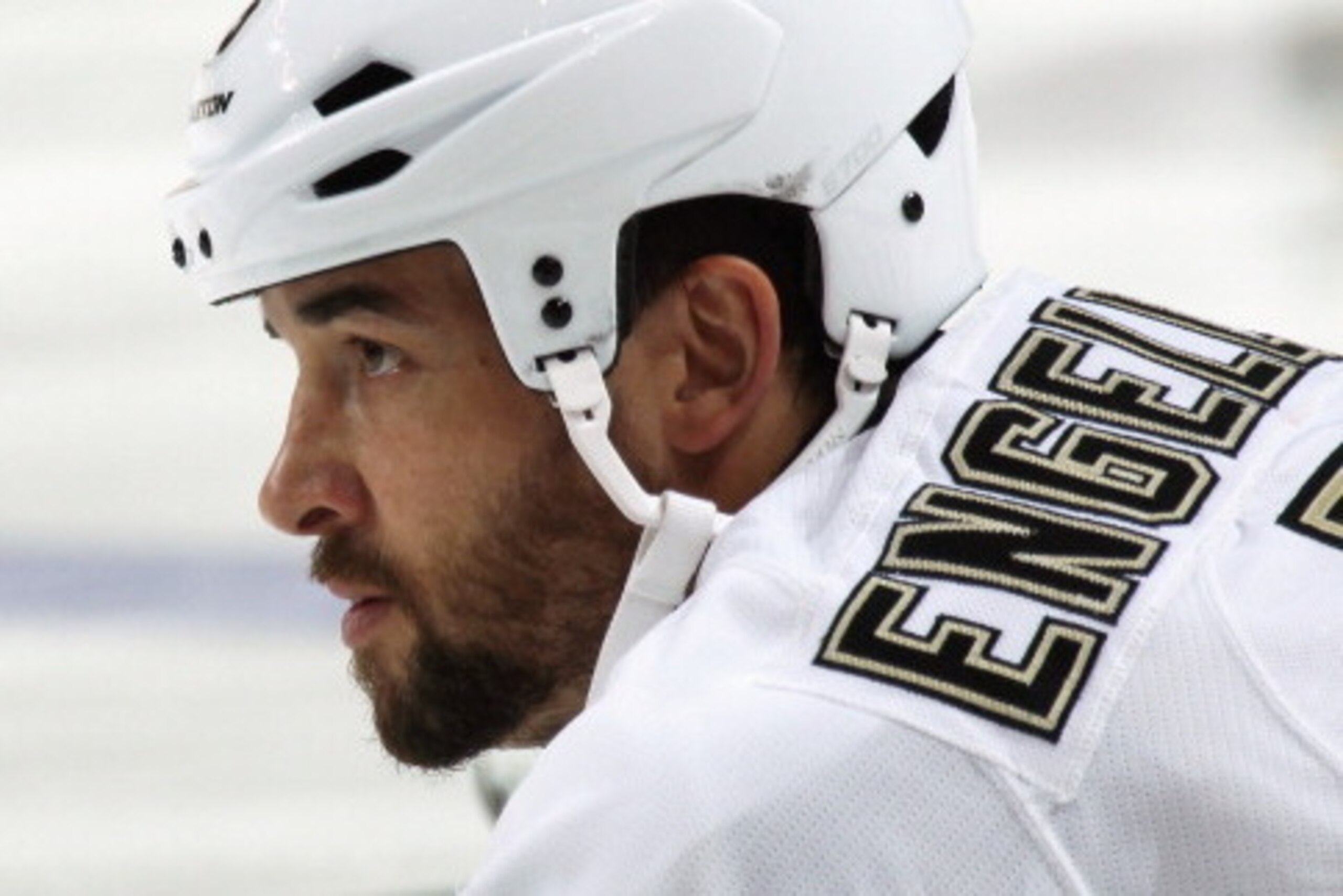 PHILADELPHIA, PA - MARCH 15: Deryk Engelland #5 of the Pittsburgh Penguins looks on during warmups prior to his game against the Philadelphia Flyers on March 15, 2014 at the Wells Fargo Center in Philadelphia, Pennsylvania.  (Photo by Len Redkoles/NHLI vi