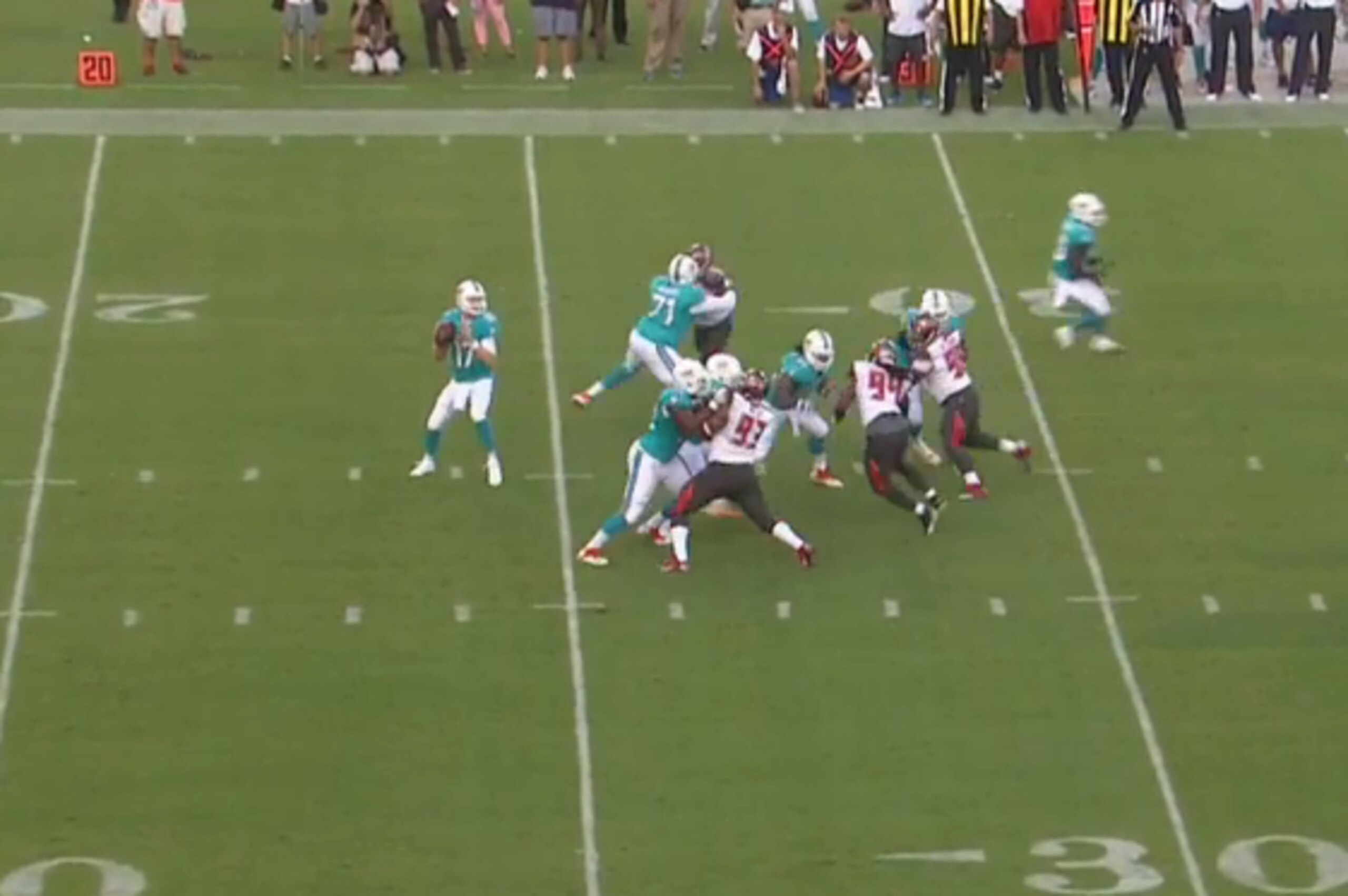 Albert is able to seal the blindside of Ryan Tannehill