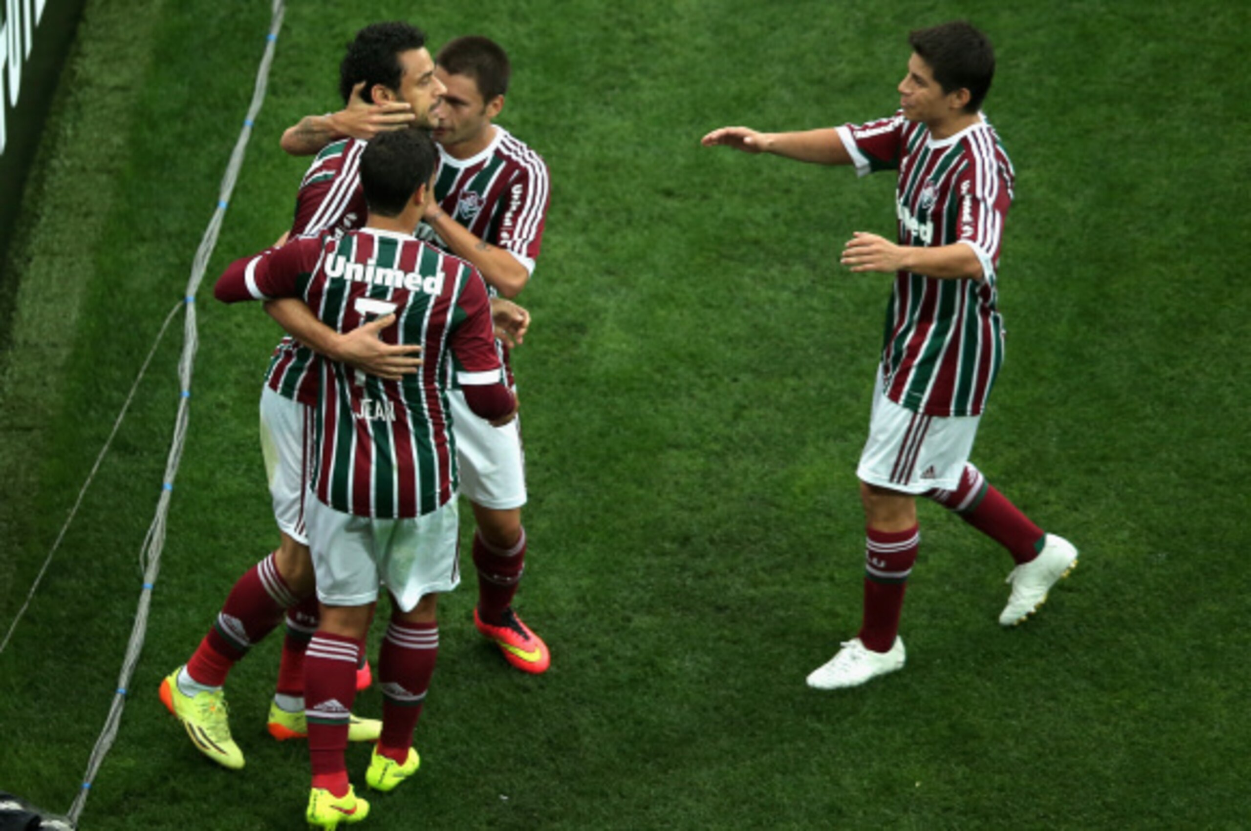 SAO PAULO, BRAZIL - AUGUST 31: Fred (L) of Fluminense celebrates scoring the first goal with his team during the match between Corinthians and Fluminense for the Brazilian Series A 2014 at Arena Corinthians on August 31, 2014 in Sao Paulo, Brazil. (Photo 
