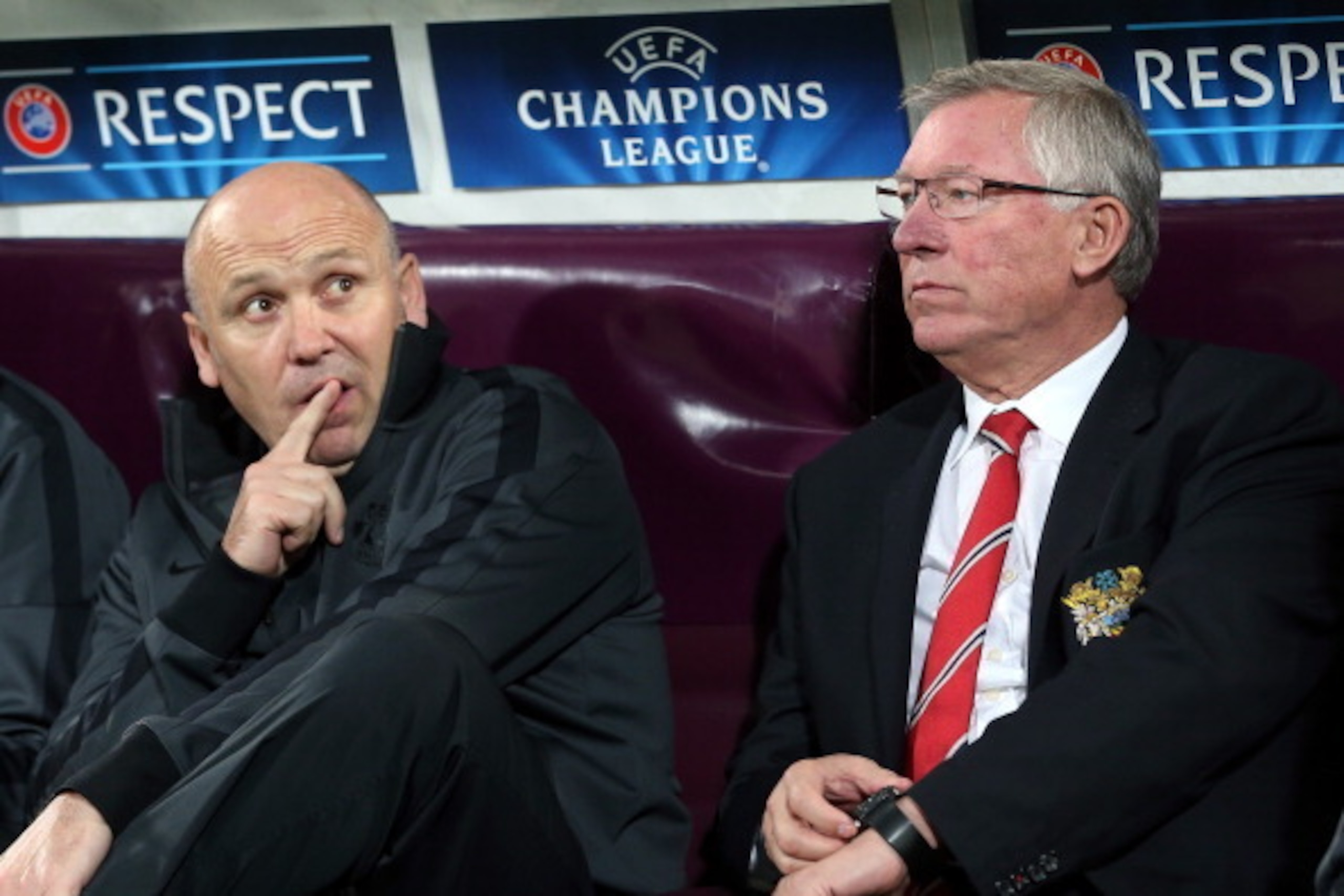 CLUJ-NAPOCA, ROMANIA - OCTOBER 02:  Sir Alex Ferguson, manager of Manchester United and Mike Phelan look on before the UEFA Champions League Group H match between CFR 1907 Cluj and Manchester United at the Constantin Radulescu Stadium on October 2, 2012 i