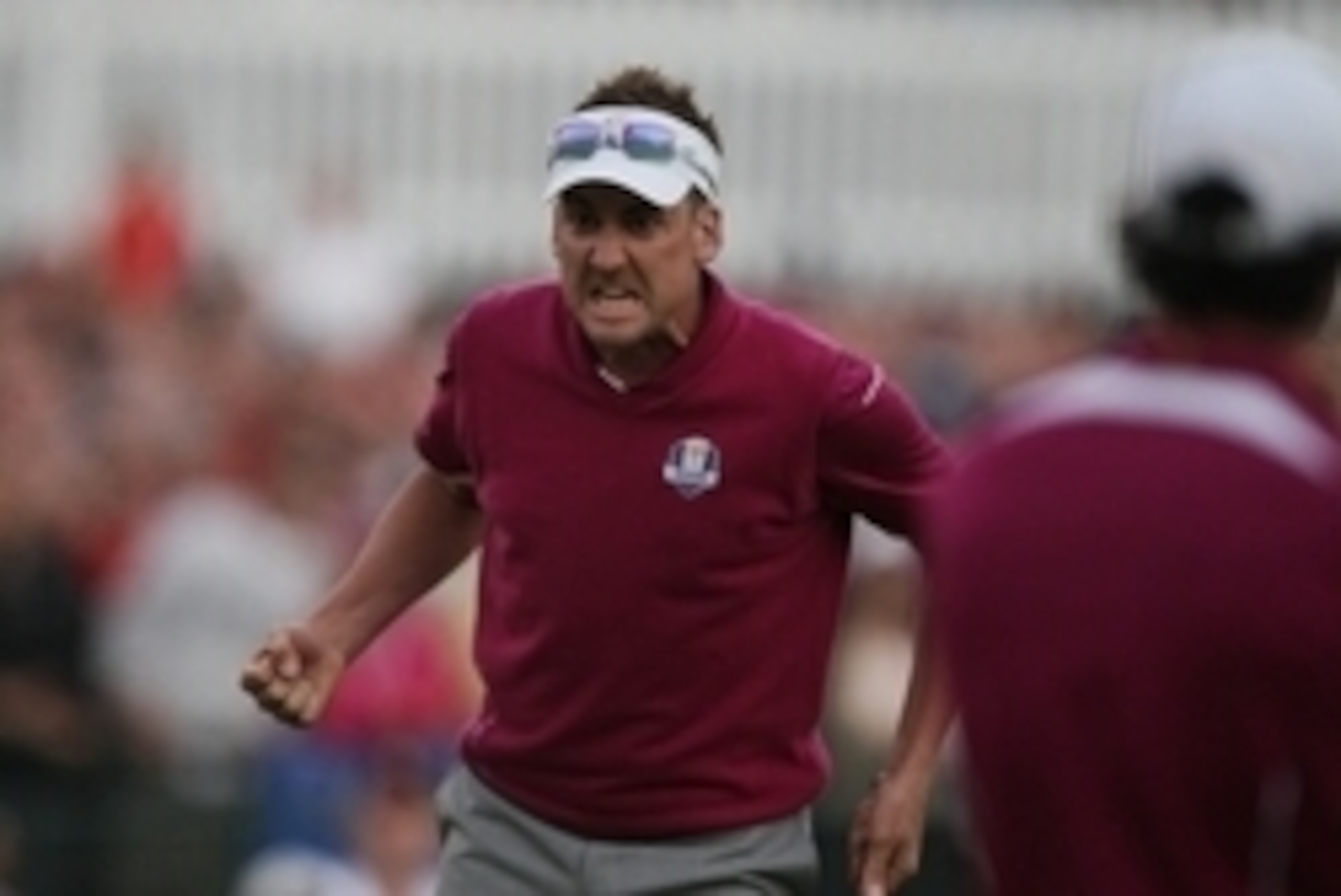 Sep 29, 2012; Medinah, IL, USA; European golfer Ian Poulter reacts after making a putt on the 18th green to win the match during the afternoon session of the 39th Ryder Cup on day two at Medinah Country Club. Mandatory Credit: Brian Spurlock-USA TODAY Spo