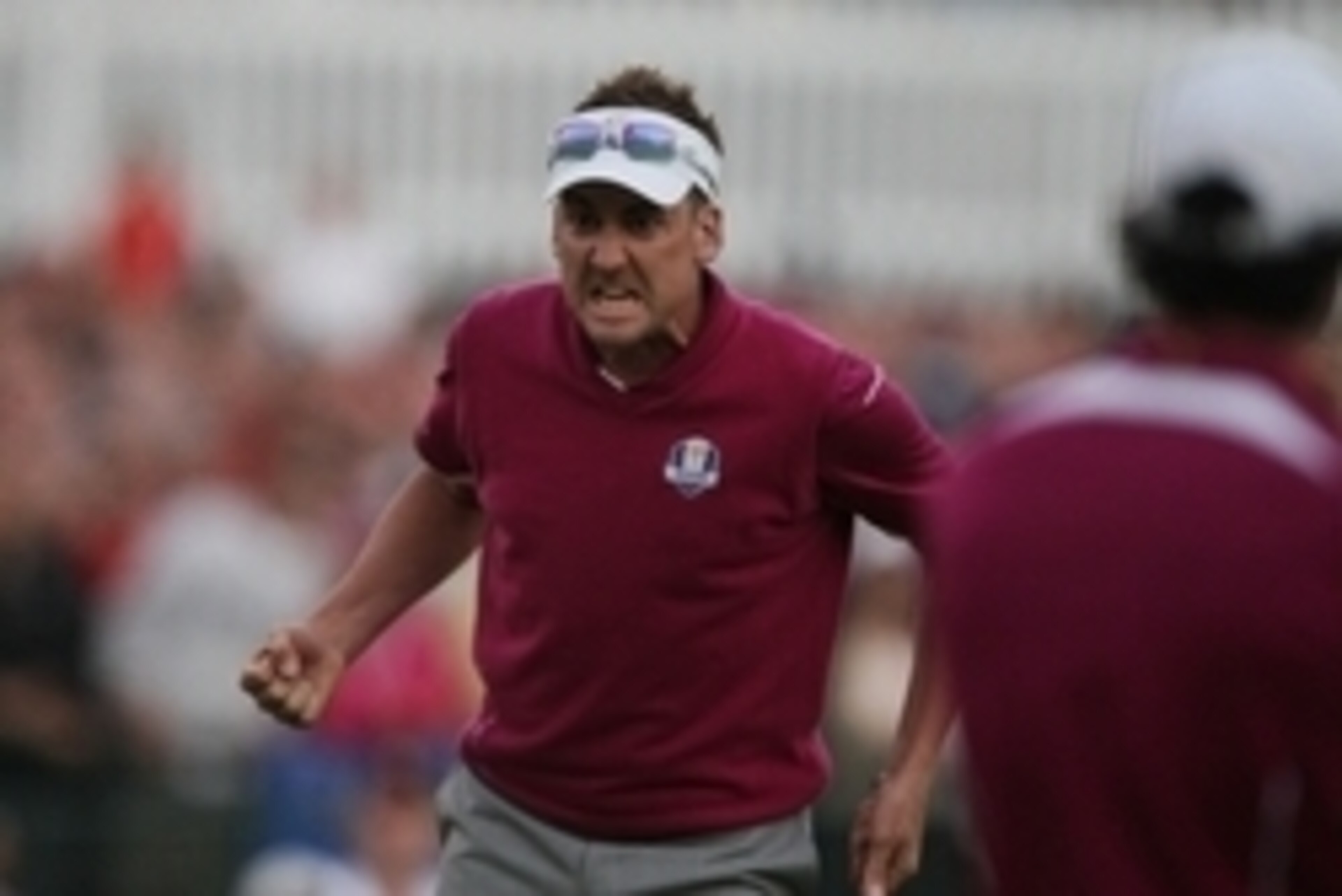 Sep 29, 2012; Medinah, IL, USA; European golfer Ian Poulter reacts after making a putt on the 18th green to win the match during the afternoon session of the 39th Ryder Cup on day two at Medinah Country Club. Mandatory Credit: Brian Spurlock-USA TODAY Spo