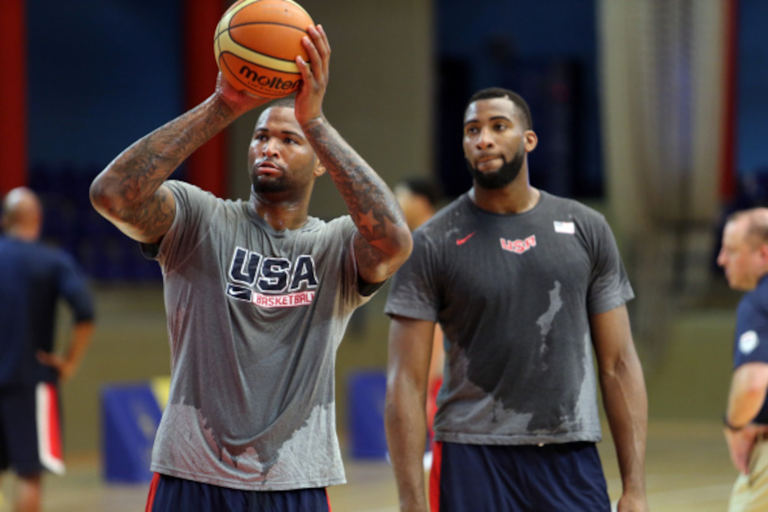EL TABLERO, GRAN CANARIA, SPAIN - AUGUST 24: DeMarcus Cousins #12 of the USA Basketball Men's National Team shoots the ball as Andre Drummond #15 looks on during practice on August 24, 2014 at Pabellon de El Tablero Practice Facility in El Tablero, Gran C