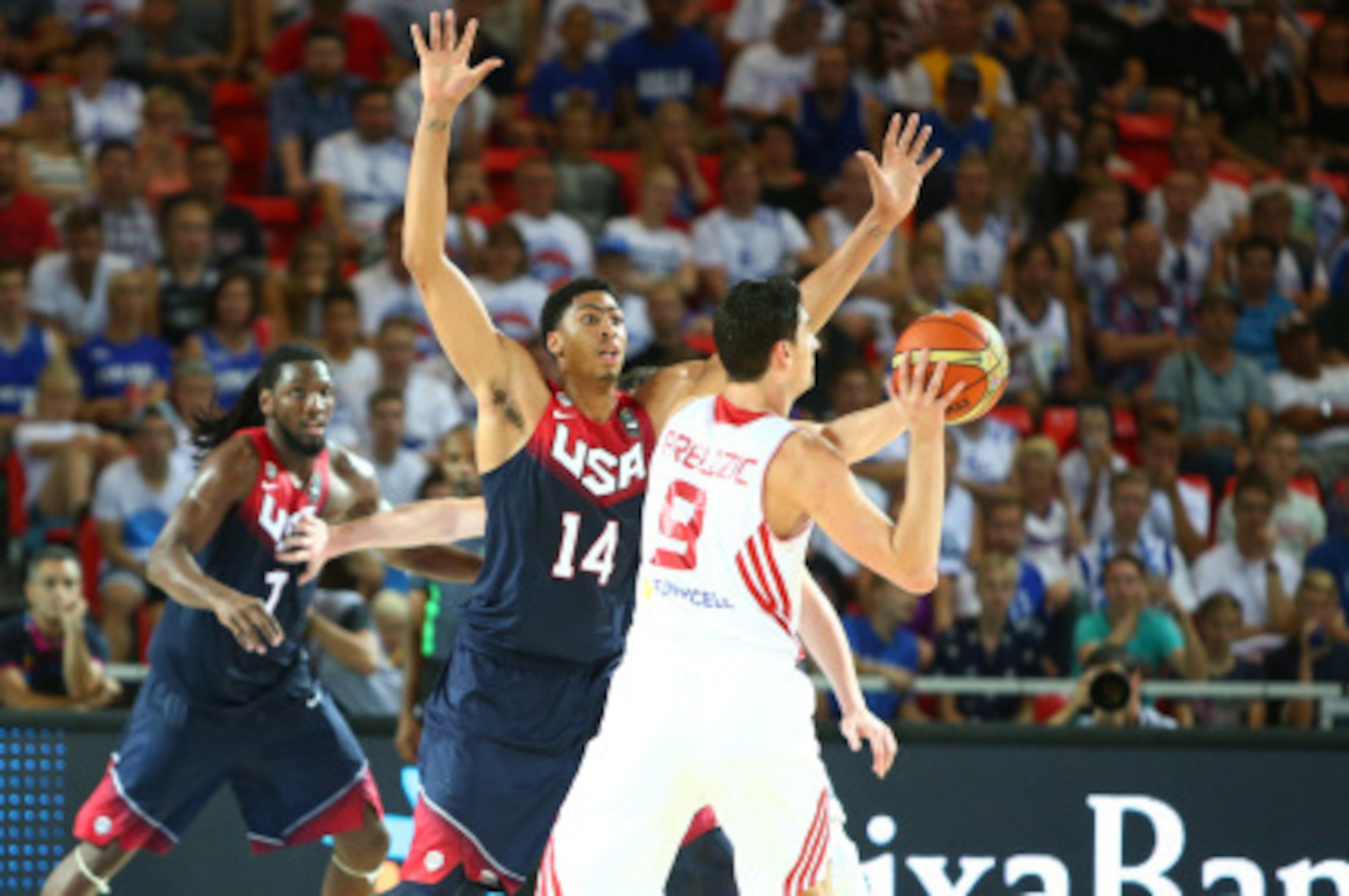 BILBAO, SPAIN - AUGUST 31: Anthony Davis #14 of the USA Basketball Men's National Team defends against Emir Preldzic #9 of the Turkey Basketball Men's National Team during the 2014 FIBA World Cup at Bizkaia Arena in Bilbao Exhibition Centre on August 31, 