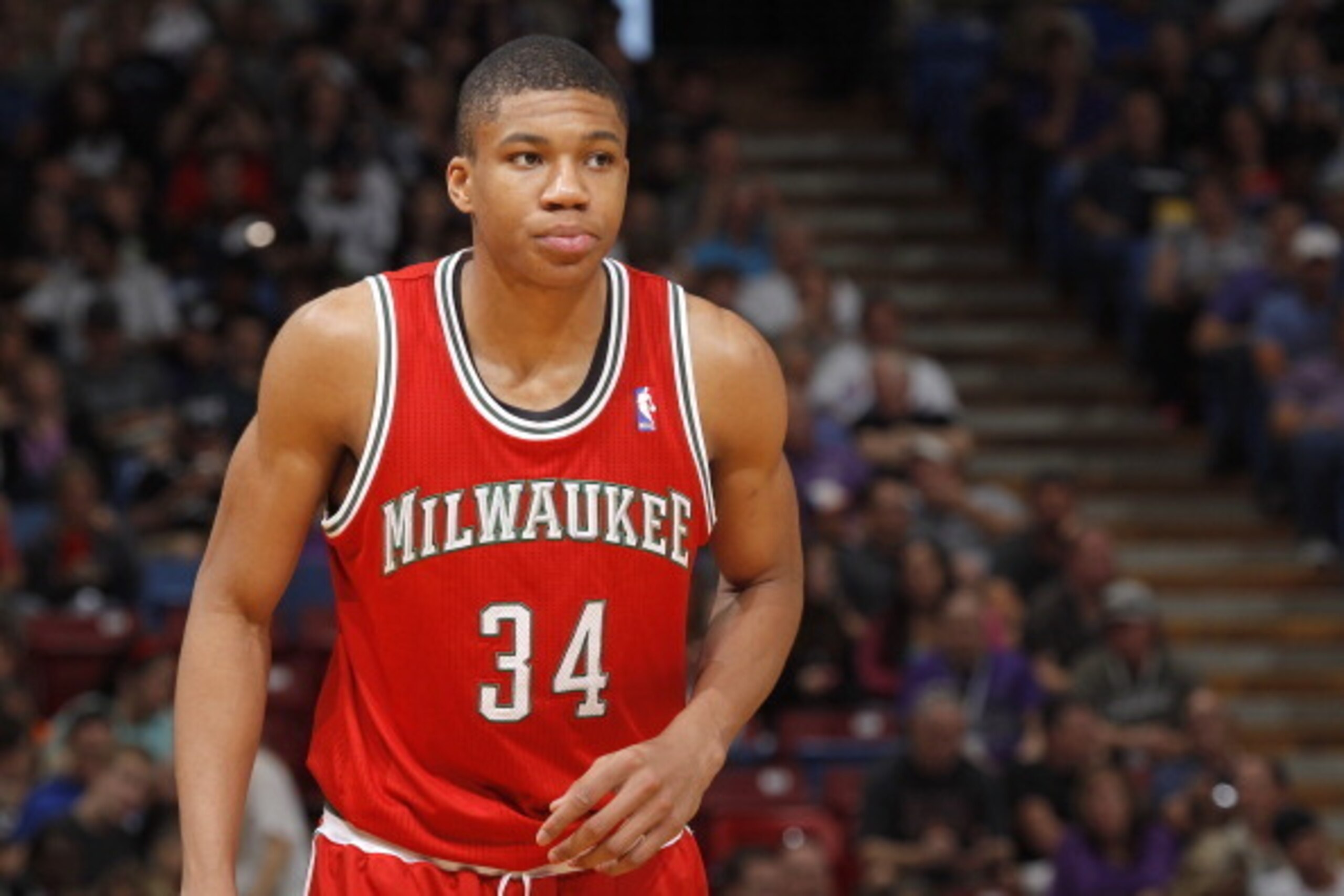 SACRAMENTO, CA - MARCH 23: Giannis Antetokounmpo #34 of the Milwaukee Bucks in a game against the Sacramento Kings on March 23, 2014 at Sleep Train Arena in Sacramento, California. NOTE TO USER: User expressly acknowledges and agrees that, by downloading 