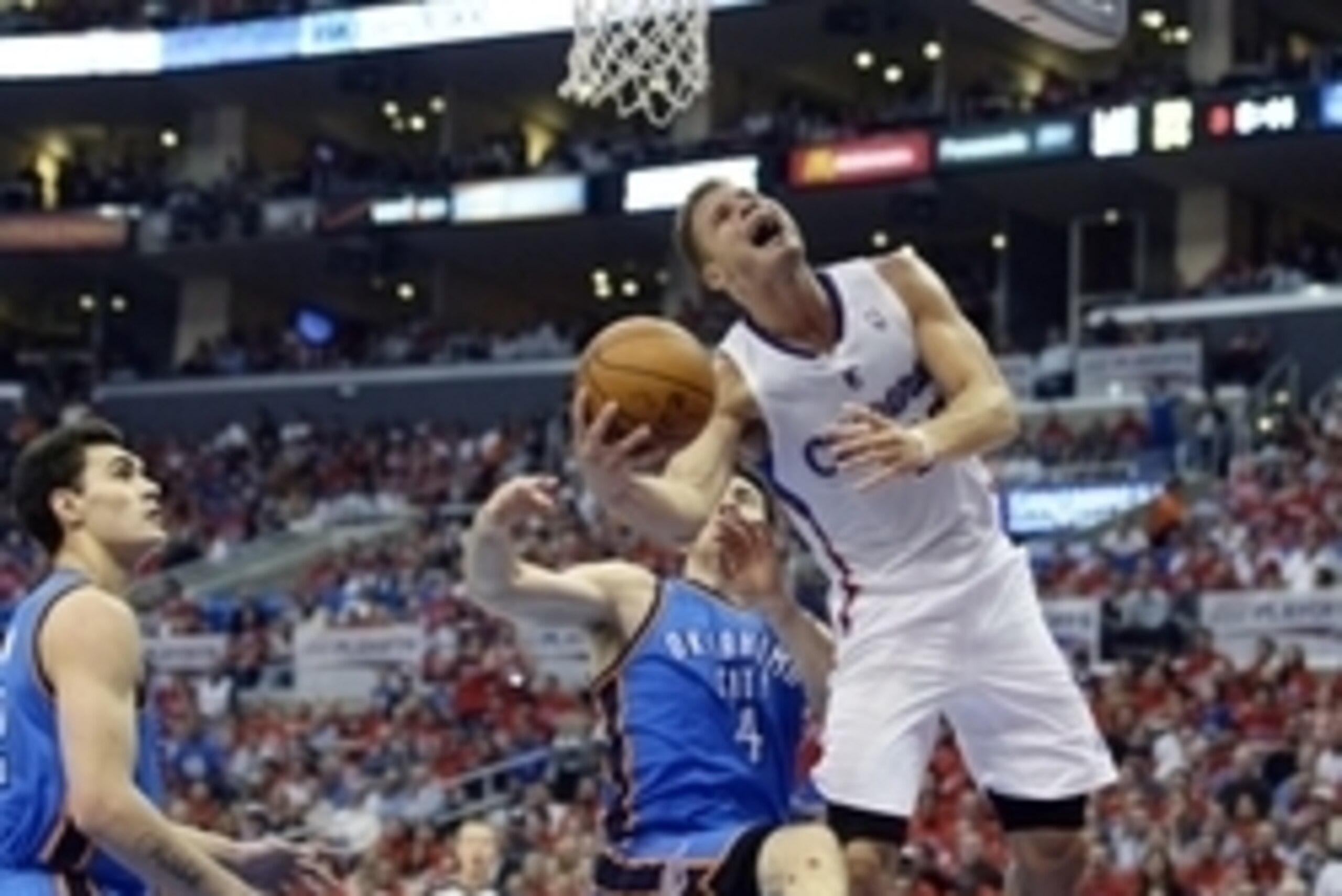 May 15, 2014; Los Angeles, CA, USA; Los Angeles Clippers forward Blake Griffin (32) shoots against Oklahoma City Thunder forward Nick Collison (4) during the third quarter in game six of the second round of the 2014 NBA Playoffs at Staples Center. Mandato