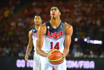 BILBAO, SPAIN - SEPTEMBER 02: Anthony Davis #14 of the USA Basketball Men's National Team shoots a free throw against the New Zealand National Basketball Team during the FIBA 2014 World Cup Tournament at the Bilbao Exhibition Center on September 02, 2014 