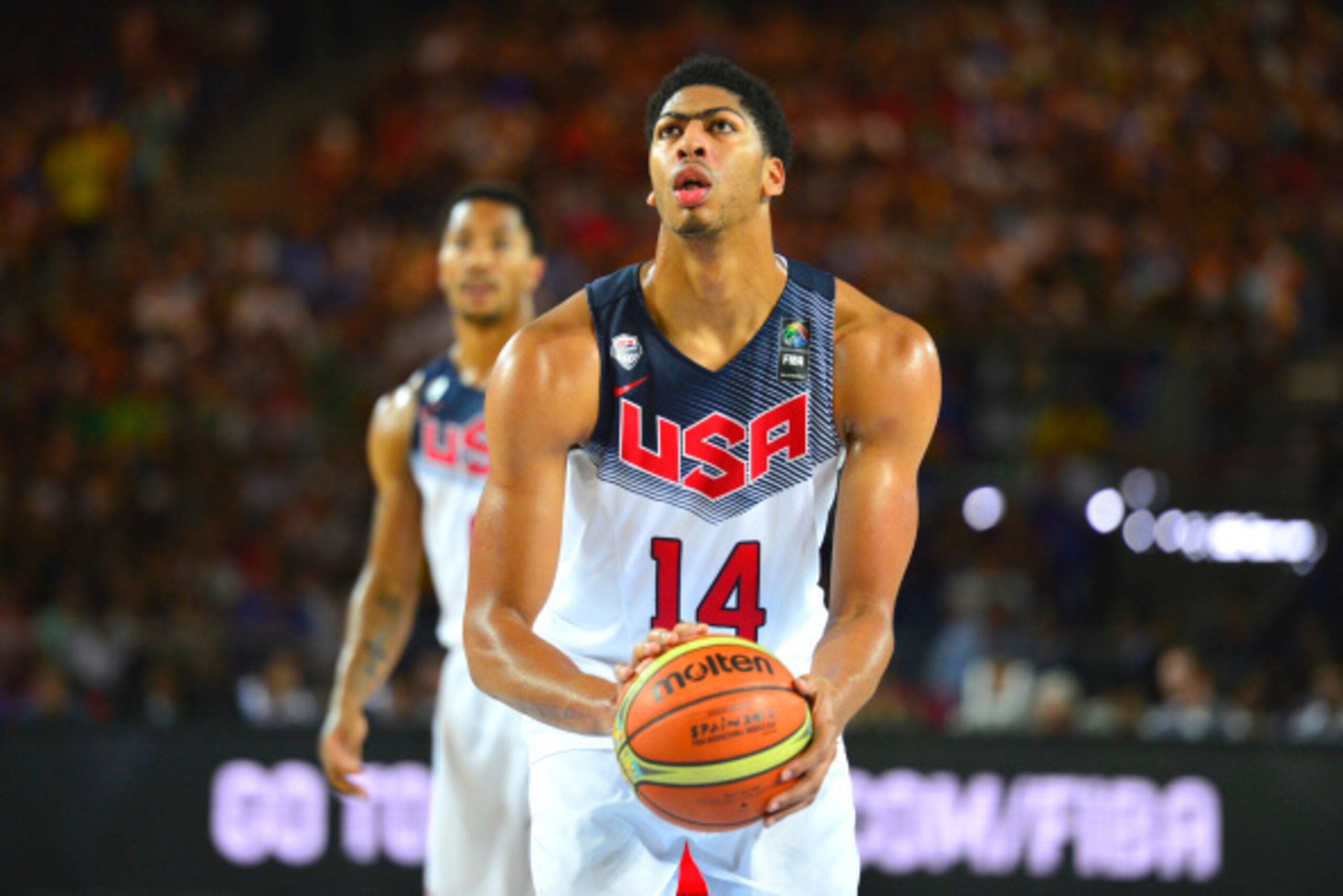 BILBAO, SPAIN - SEPTEMBER 02: Anthony Davis #14 of the USA Basketball Men's National Team shoots a free throw against the New Zealand National Basketball Team during the FIBA 2014 World Cup Tournament at the Bilbao Exhibition Center on September 02, 2014 