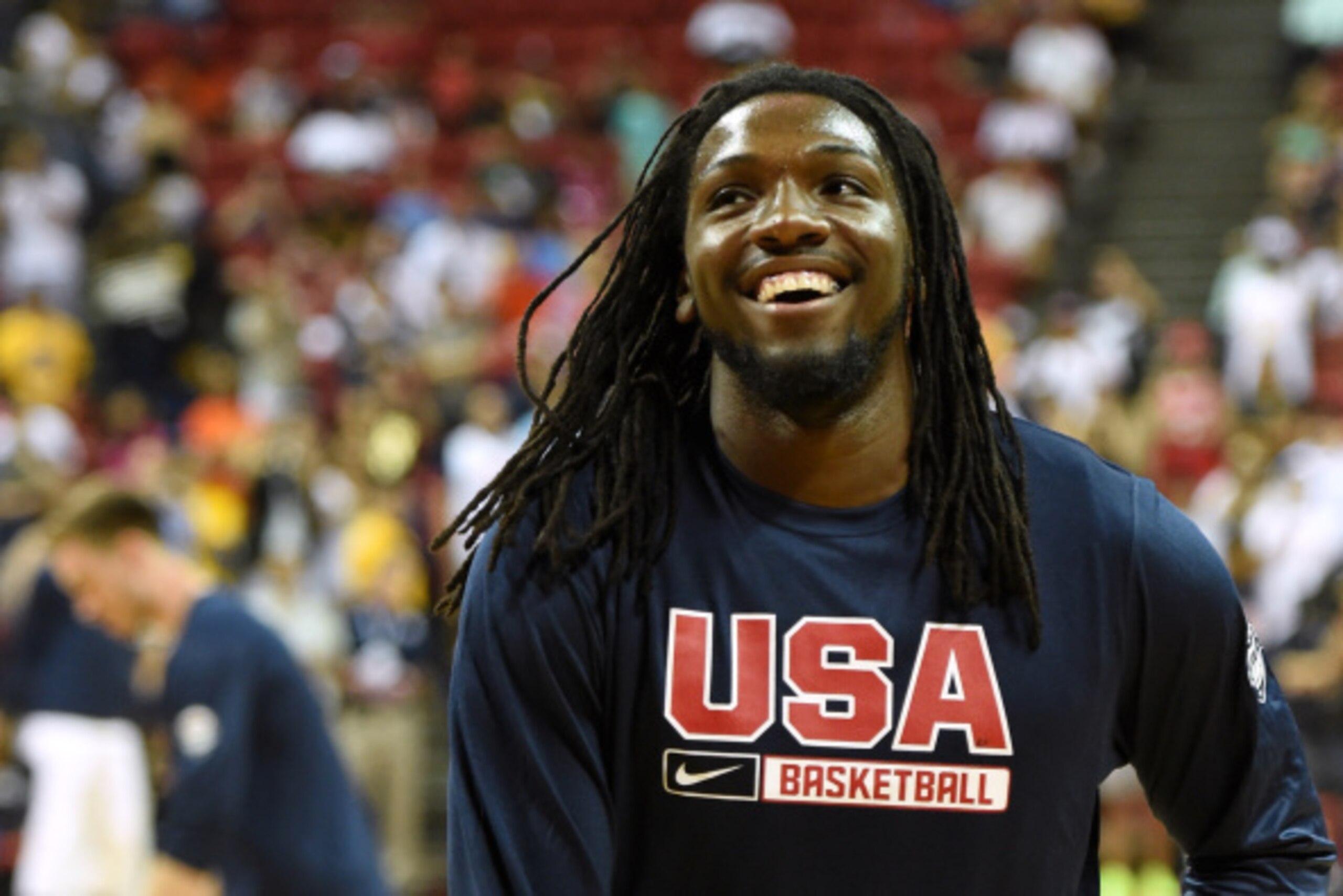 LAS VEGAS, NV - AUGUST 01:  Kenneth Faried #33 of the 2014 USA Basketball Men's National Team laughs during warmups before a USA Basketball showcase at the Thomas & Mack Center on August 1, 2014 in Las Vegas, Nevada.  (Photo by Ethan Miller/Getty Images)