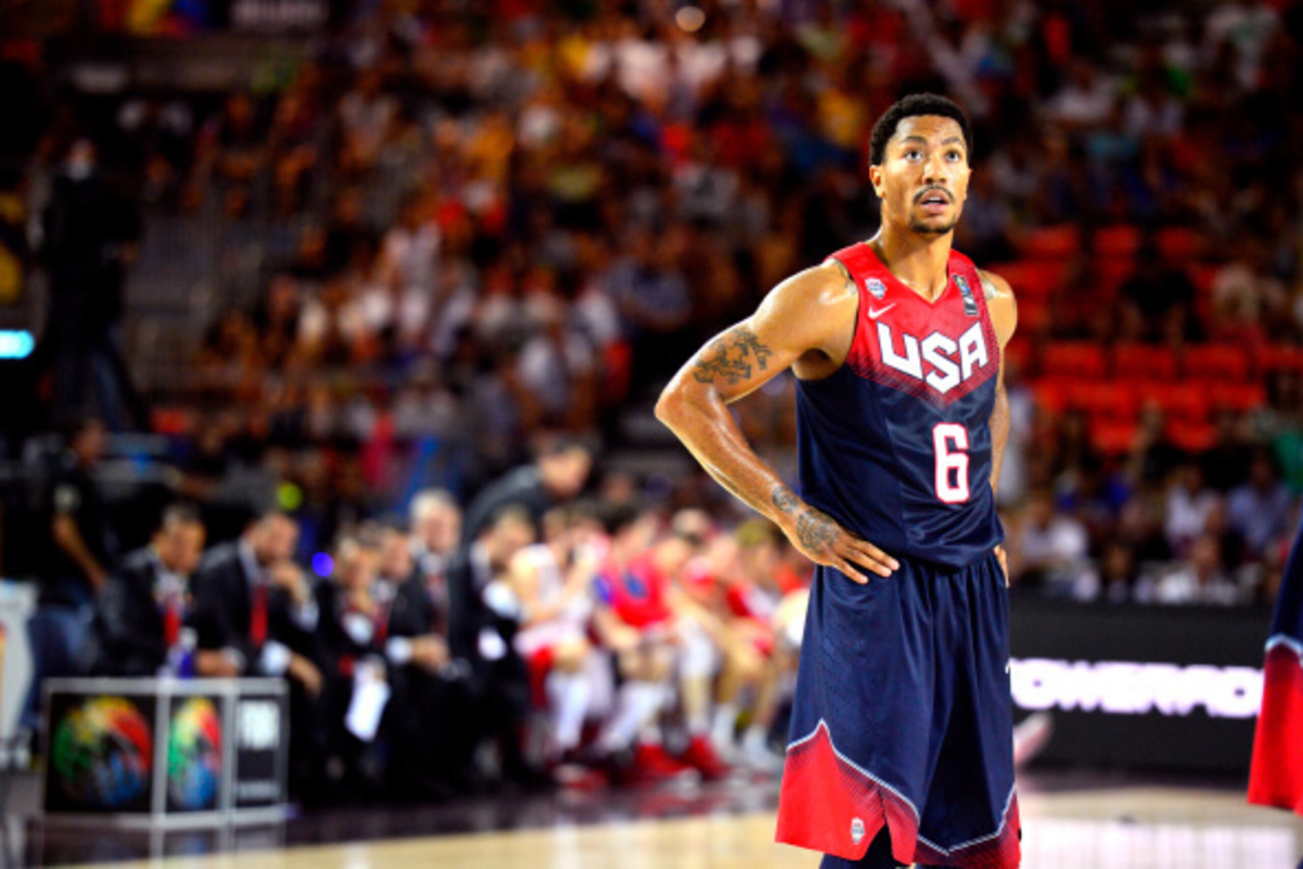 BILBAO, SPAIN - AUGUST 31: Derrick Rose #6 of the USA Basketball Men's National Team during the game against the Turkey Basketball Men's National Team during the 2014 FIBA World Cup at Bizkaia Arena in Bilbao Exhibition Centre on August 31, 2014 in Bilbao