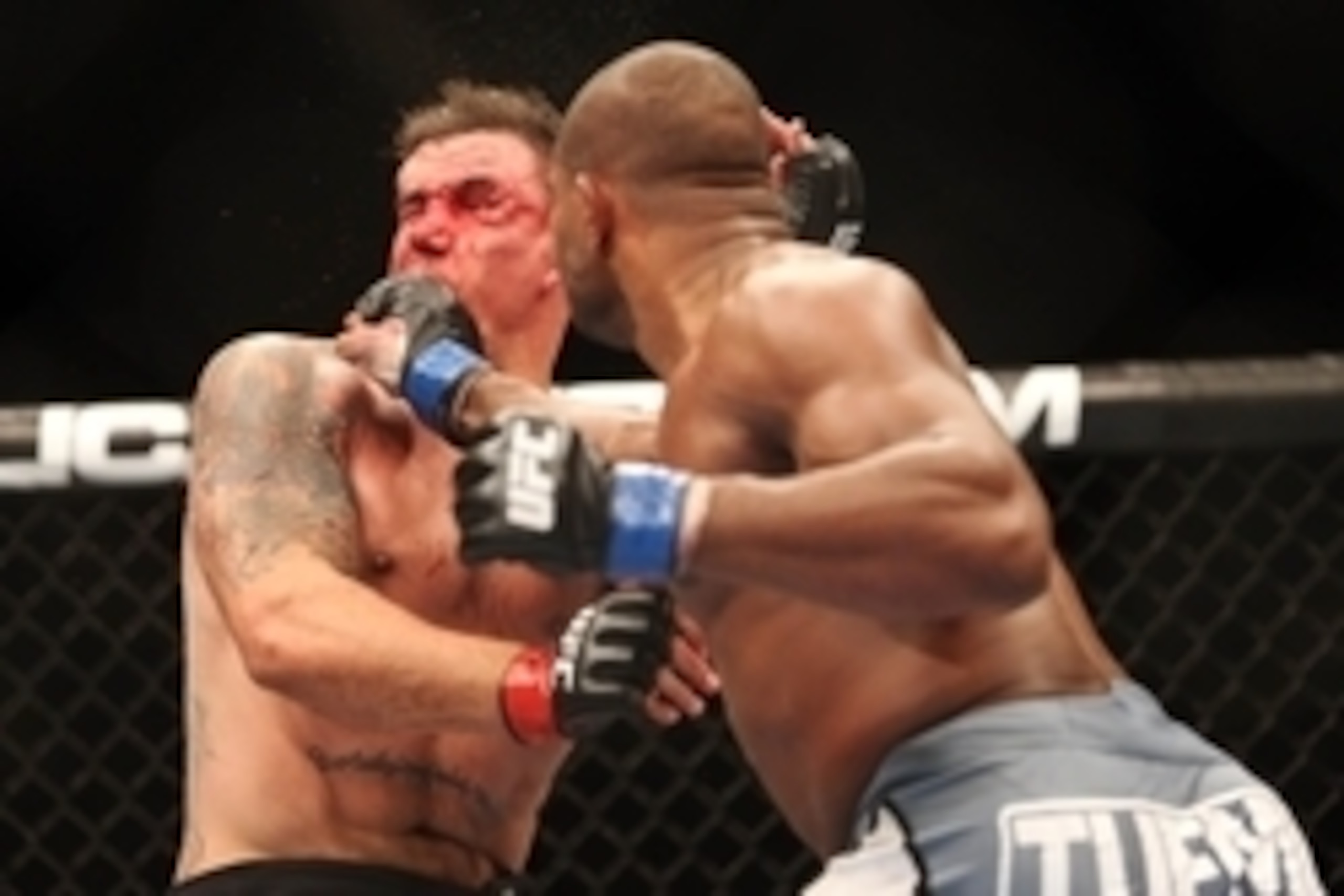 Feb 1, 2014; Newark, NJ, USA; Frank Mir (red gloves) fights Alistair Overeem (blue gloves) during UFC169 at Prudential Center. Mandatory Credit: Joe Camporeale-USA TODAY Sports