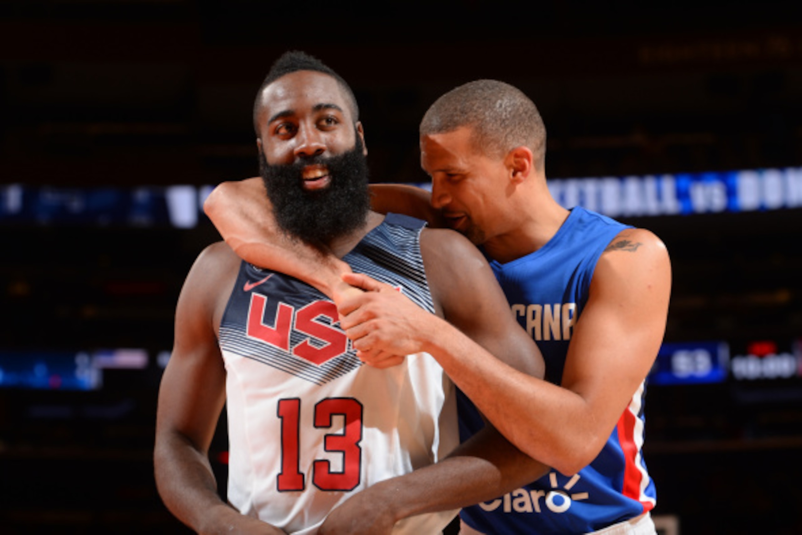 NEW YORK, NY - AUGUST 20: James Harden #13 of the USA Basketball Men's National Team and Francisco Garcia #9 of the Dominican Republic National Team on August 20, 2014 at Madison Square Garden in New York City.  NOTE TO USER: User expressly acknowledges a