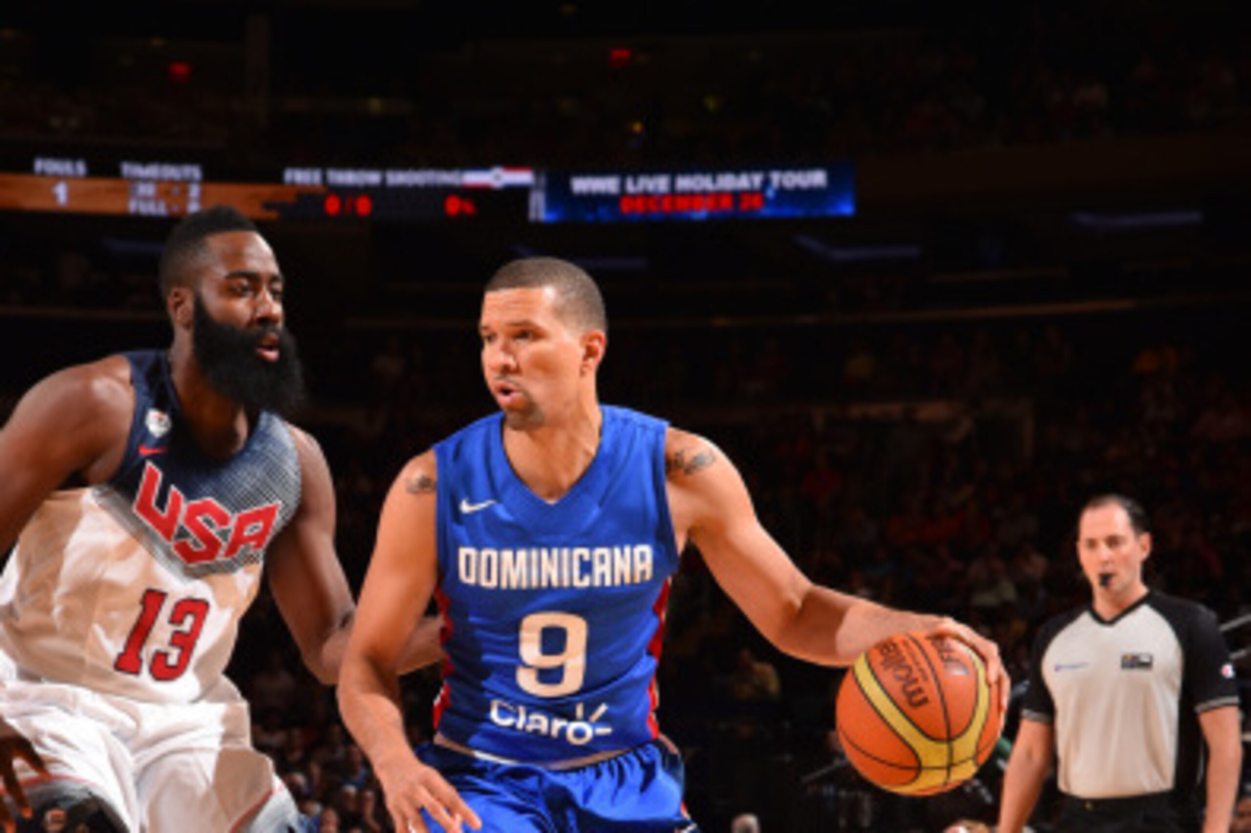 NEW YORK, NY - AUGUST 20: Francisco Garcia #9 of the Dominican Republic National Team drives against James Harden #13 of the USA Basketball Men's National Team on August 20, 2014 at Madison Square Garden in New York City.  NOTE TO USER: User expressly ack