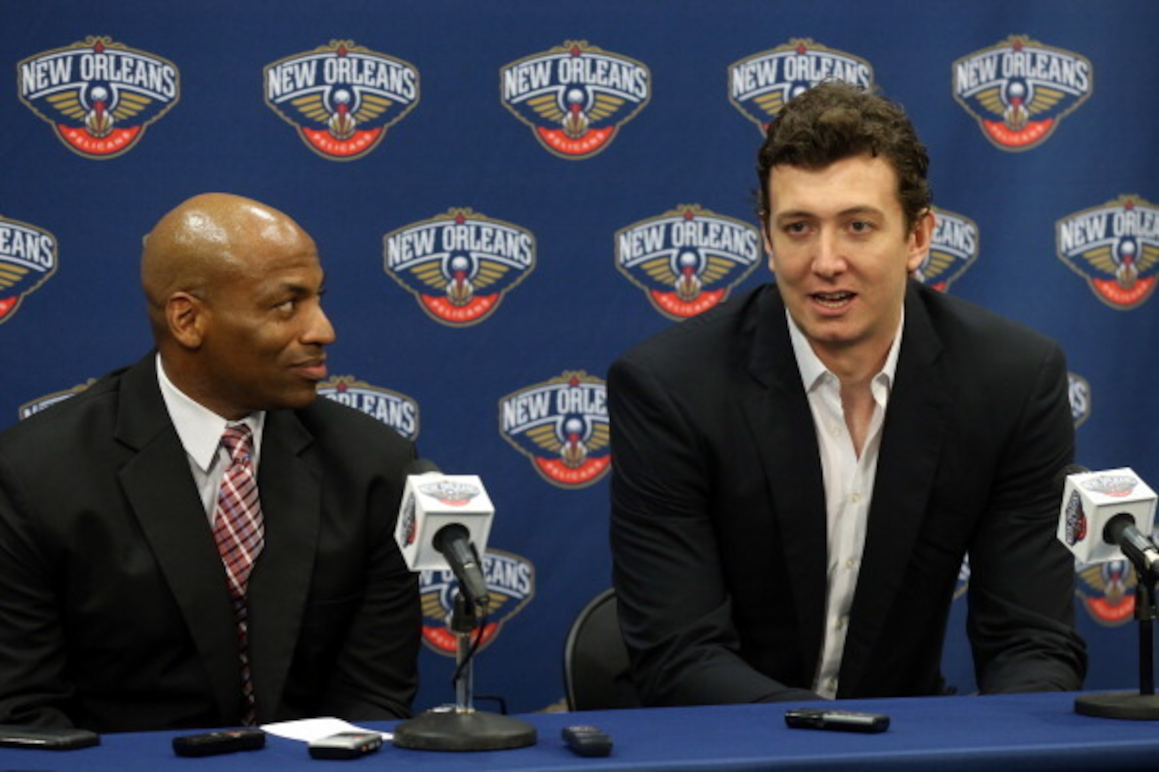 METAIRIE, LA - MARCH 17: The New Orleans Pelicans center Omer Asik is introduced to the media by General Manager Dell Demps after the team announced Asik had been acquired from the Houston Rockets in a three-team trade on July 15, 2014 at the New Orleans METAIRIE, LA - MARCH 17: The New Orleans Pelicans center Omer Asik is introduced to the media by General Manager Dell Demps after the team announced Asik had been acquired from the Houston Rockets in a three-team trade on July 15, 2014 at the New Orleans