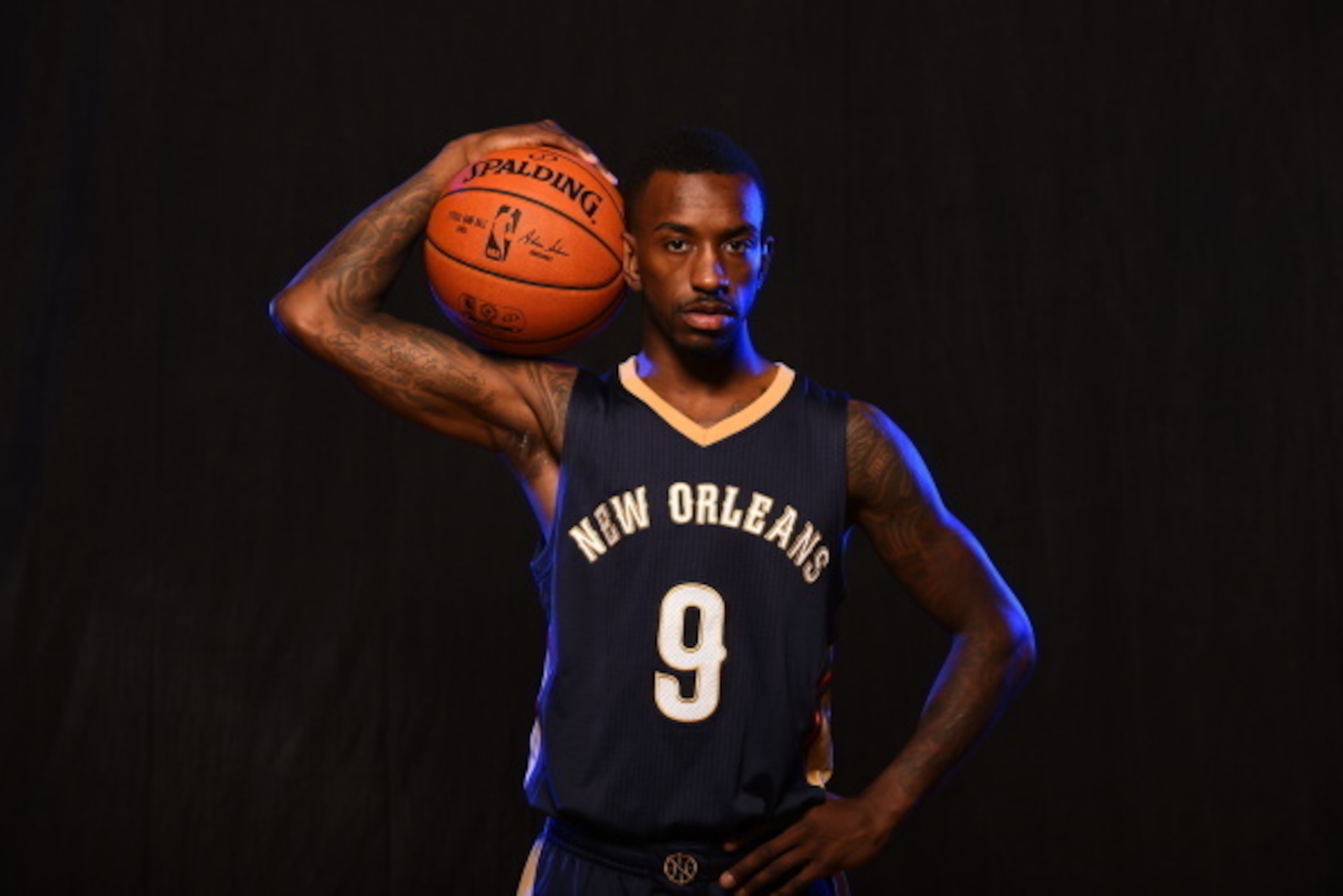 TARRYTOWN, NY - AUGUST 3:  Russ Smith #9 of the New Orleans Pelicans poses for a portrait during the 2014 NBA rookie photo shoot on August 3, 2014 at the Madison Square Garden Training Facility in Tarrytown, New York. NOTE TO USER: User expressly acknowle