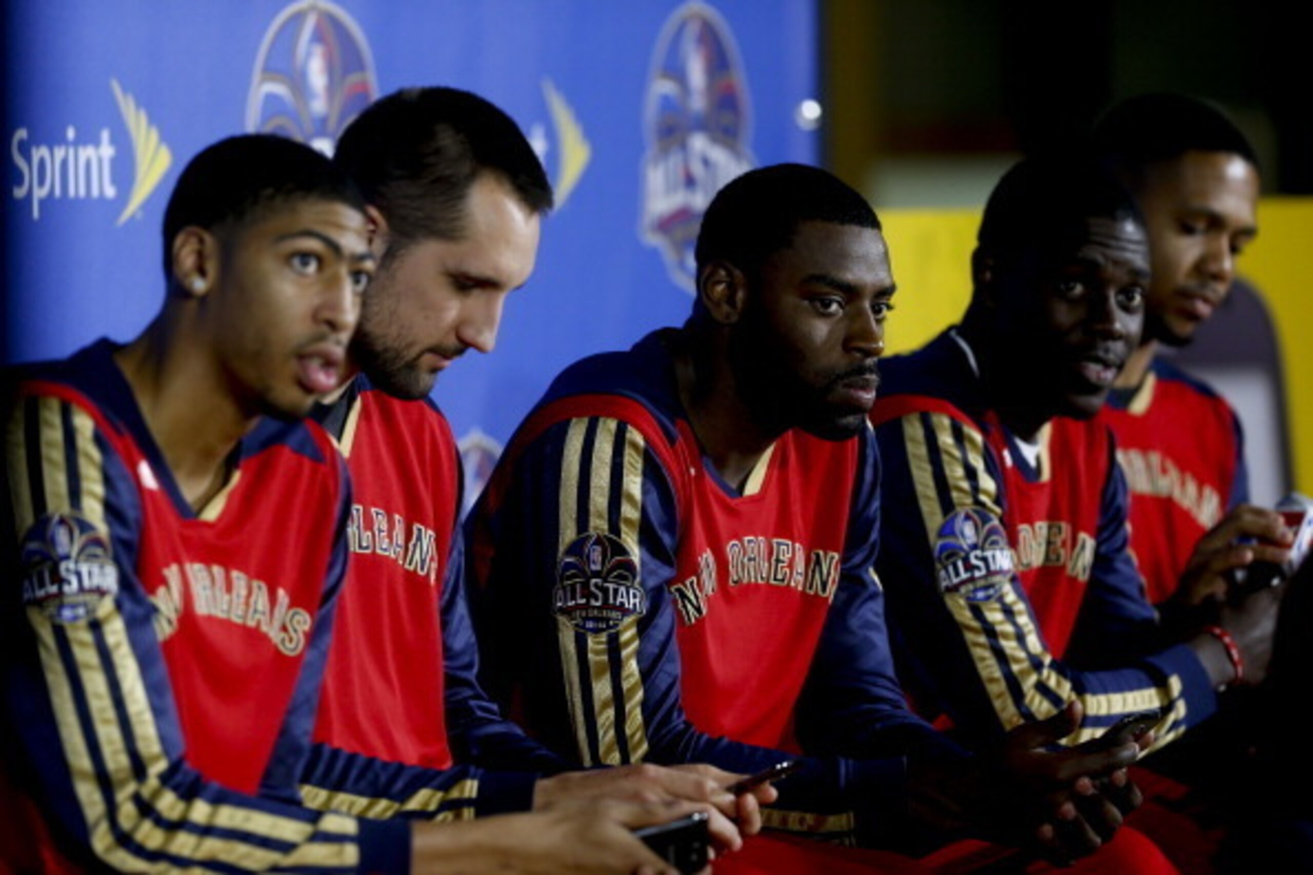 METAIRIE, LA - NOVEMBER 15:  Tyreke Evans #1, Jrue Holiday #11, Ryan Anderson #33 and Anthony Davis #23 of the New Orleans Pelicans attends an All-Star lineup to unveil the official NBA All-Star Ballot 2014 presented by Sprint on Friday, November 15 at th
