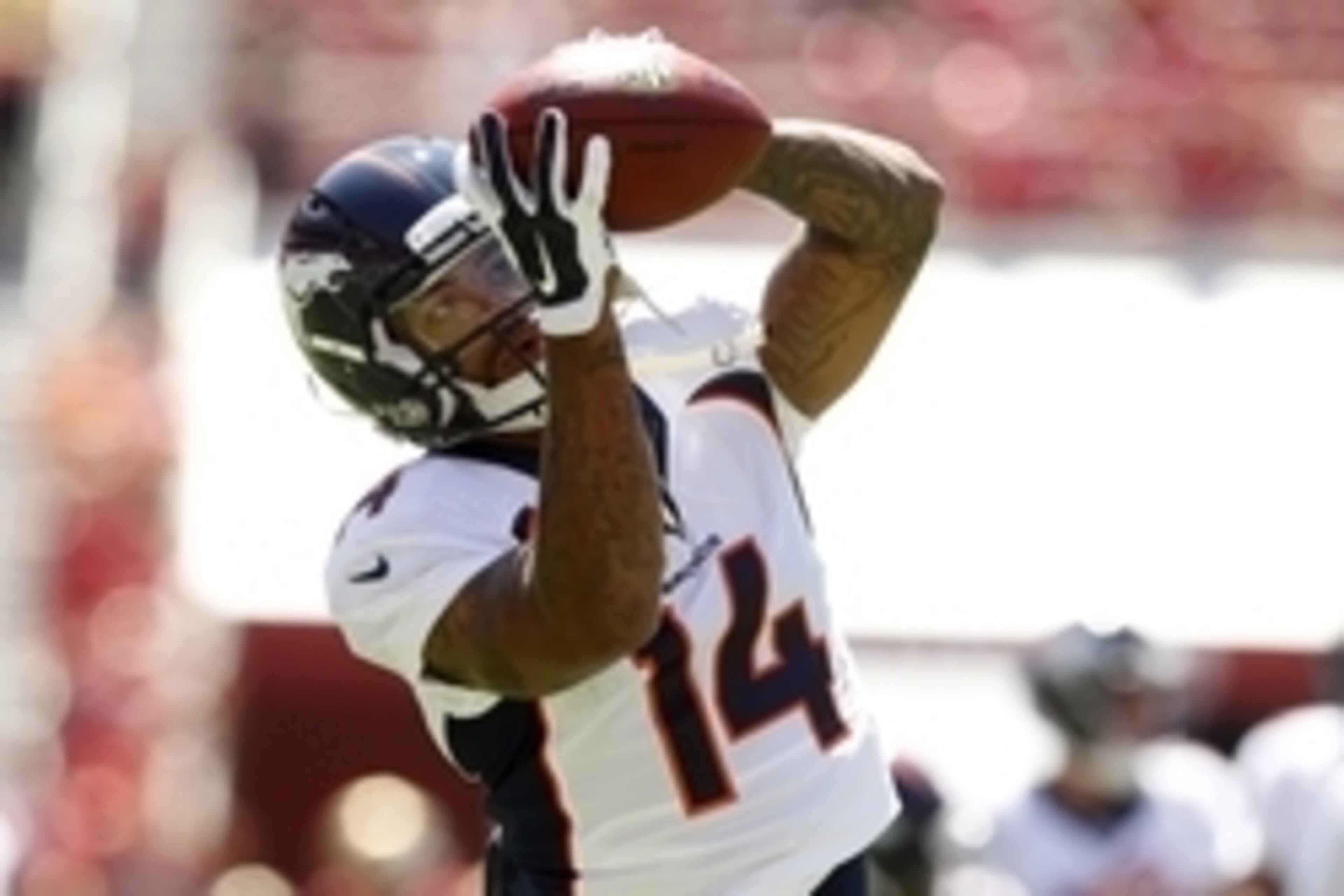 Aug 17, 2014; Santa Clara, CA, USA; Denver Broncos wide receiver Cody Latimer (14) catches a pass before the start of the game against the San Francisco 49ers at Levi's Stadium. Mandatory Credit: Cary Edmondson-USA TODAY Sports