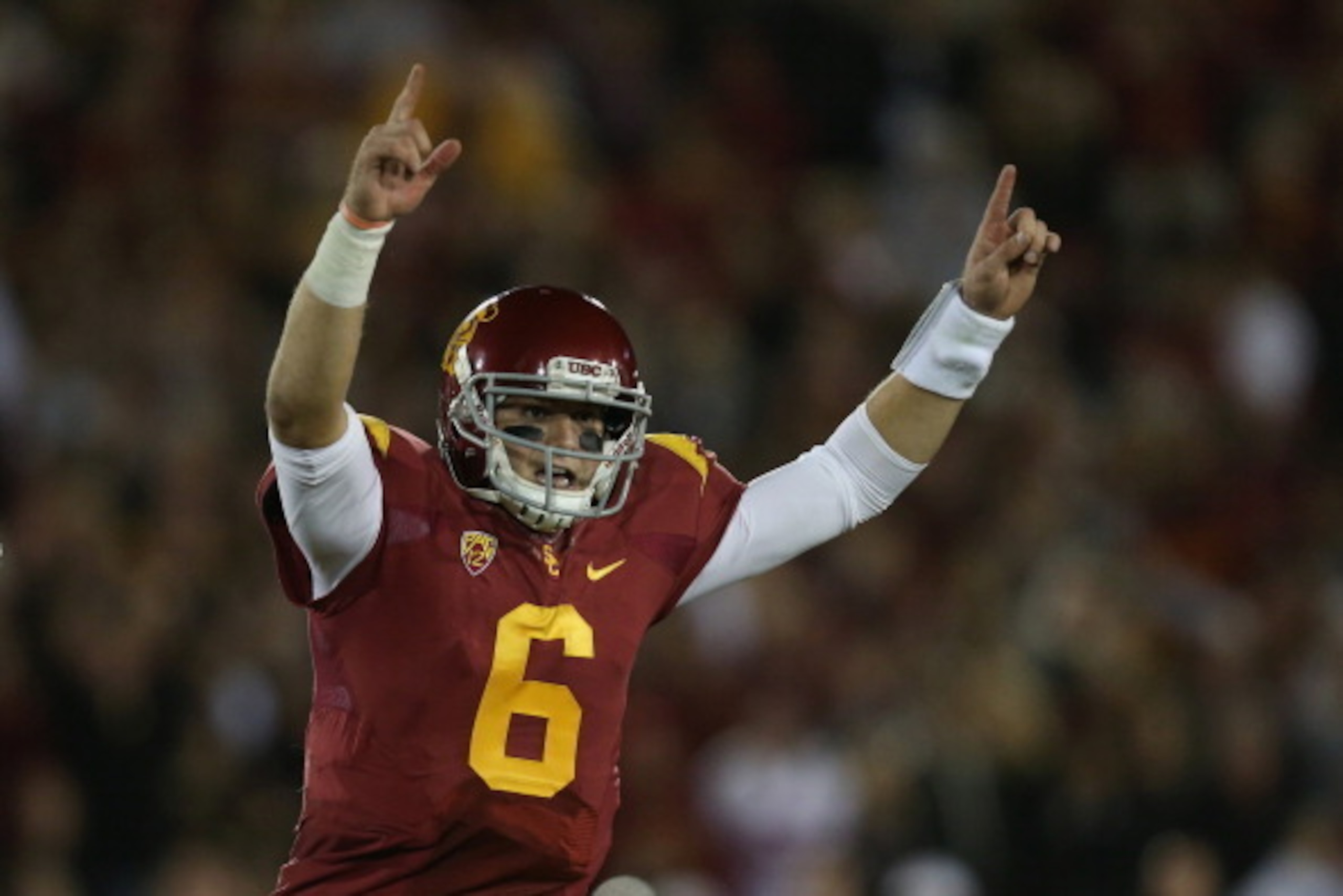 LOS ANGELES, CA - NOVEMBER 16:  Quarterback Cody Kessler #6 of the USC Trojans celebrates after kicker Andre Heidari (not pictured) of the USC Trojans kicked the go ahead field goal in the closing seconds of the game against the Stanford Cardinal at Los A