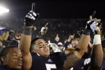 Sep 22, 2012; South Bend, IN, USA; Notre Dame Fighting Irish linebacker Manti Te'o reacts after the game against the Michigan Wolverines at Notre Dame Stadium.  Mandatory Credit: Brian Spurlock-USA TODAY Sports
