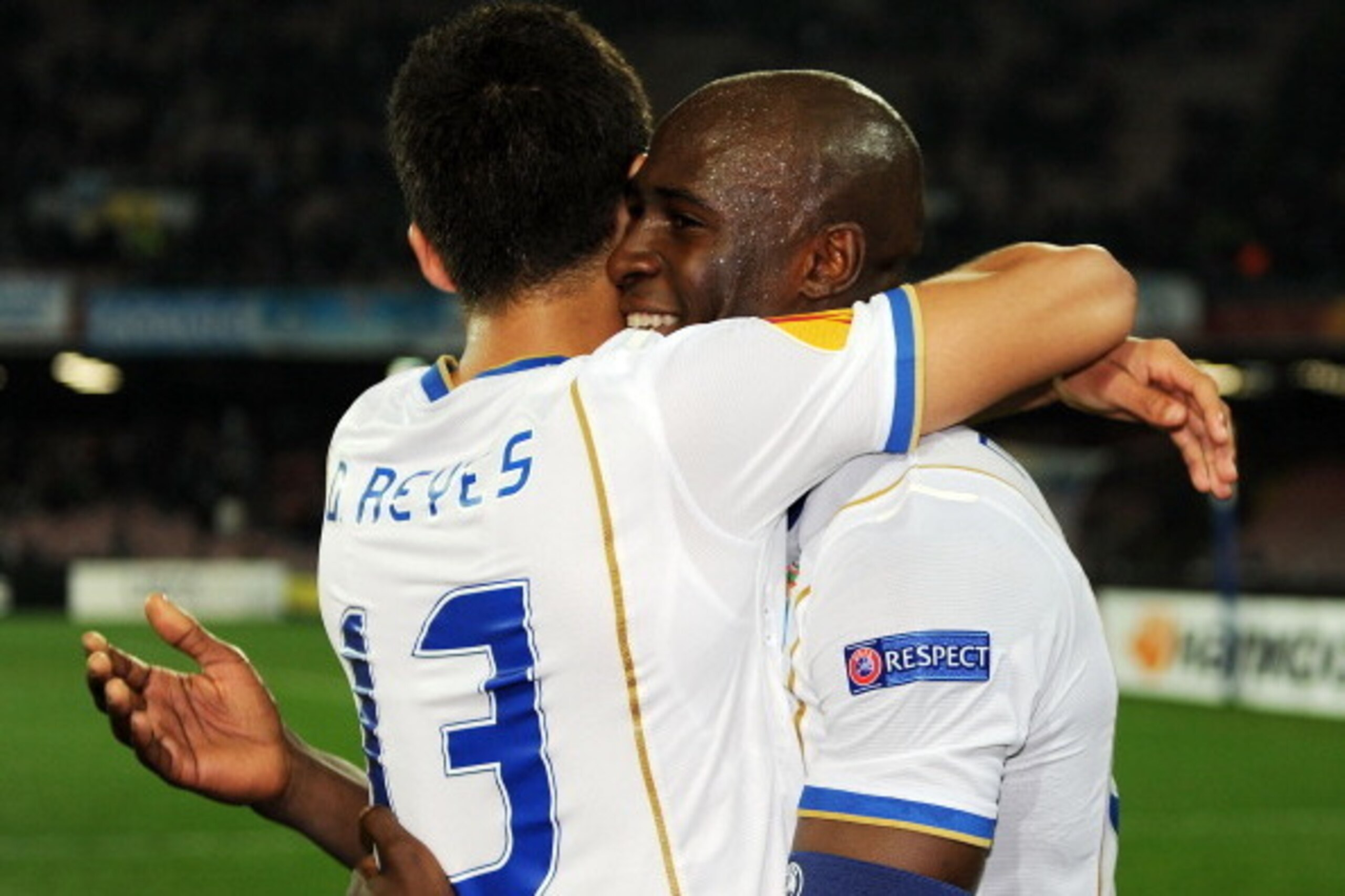 NAPLES, ITALY - MARCH 20:  Diego Reyes and Eliaquim Mangala of FC Porto celebrate victory after the UEFA Europa League Round of 16 match between SSC Napoli and FC Porto at Stadio San Paolo on March 20, 2014 in Naples, Italy.  (Photo by Giuseppe Bellini/Ge