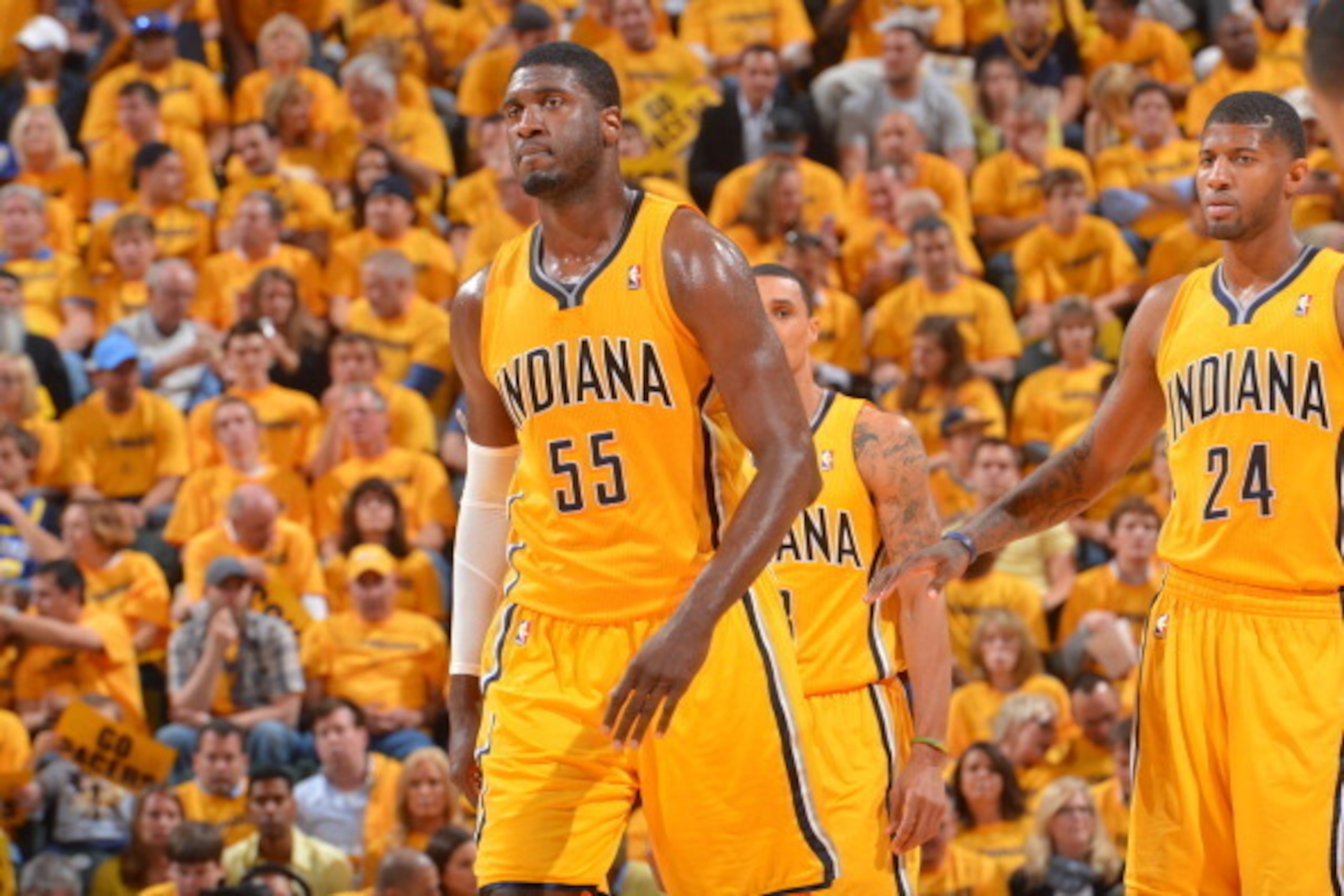 INDIANAPOLIS, IN - MAY 03: Roy Hibbert #55 and Paul George #24 of the Indiana Pacers on the court during game Seven of the Eastern Conference Playoffs against the Atlanta Hawks at the Bankers Life Fieldhouse on May 3, 2014 in Indianapolis, Indiana. NOTE T