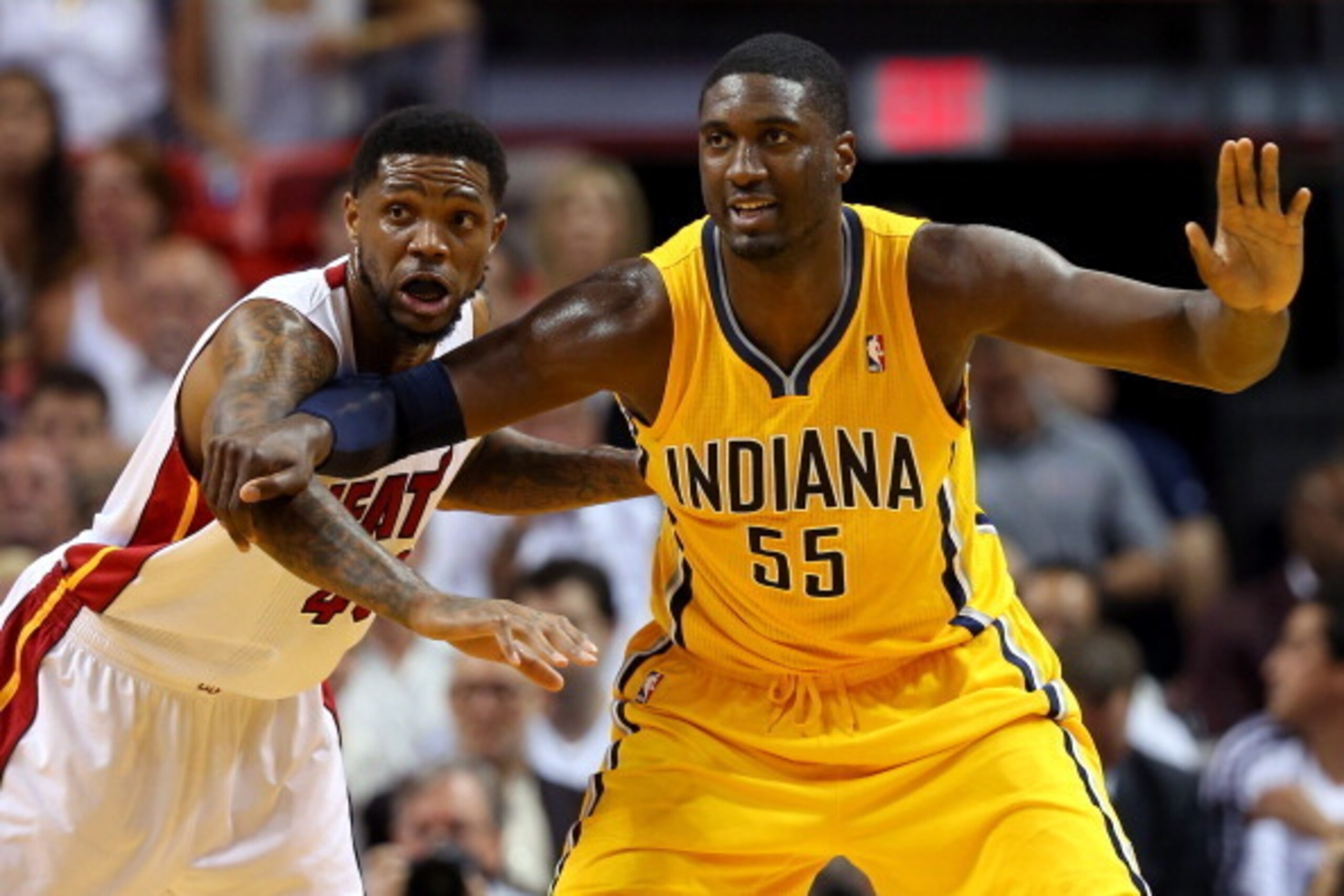 MIAMI, FL - JUNE 03:  Roy Hibbert #55 of the Indiana Pacers calls for the ball in the post against Udonis Haslem #40 of the Miami Heat during Game Seven of the Eastern Conference Finals of the 2013 NBA Playoffs at AmericanAirlines Arena on June 3, 2013 in