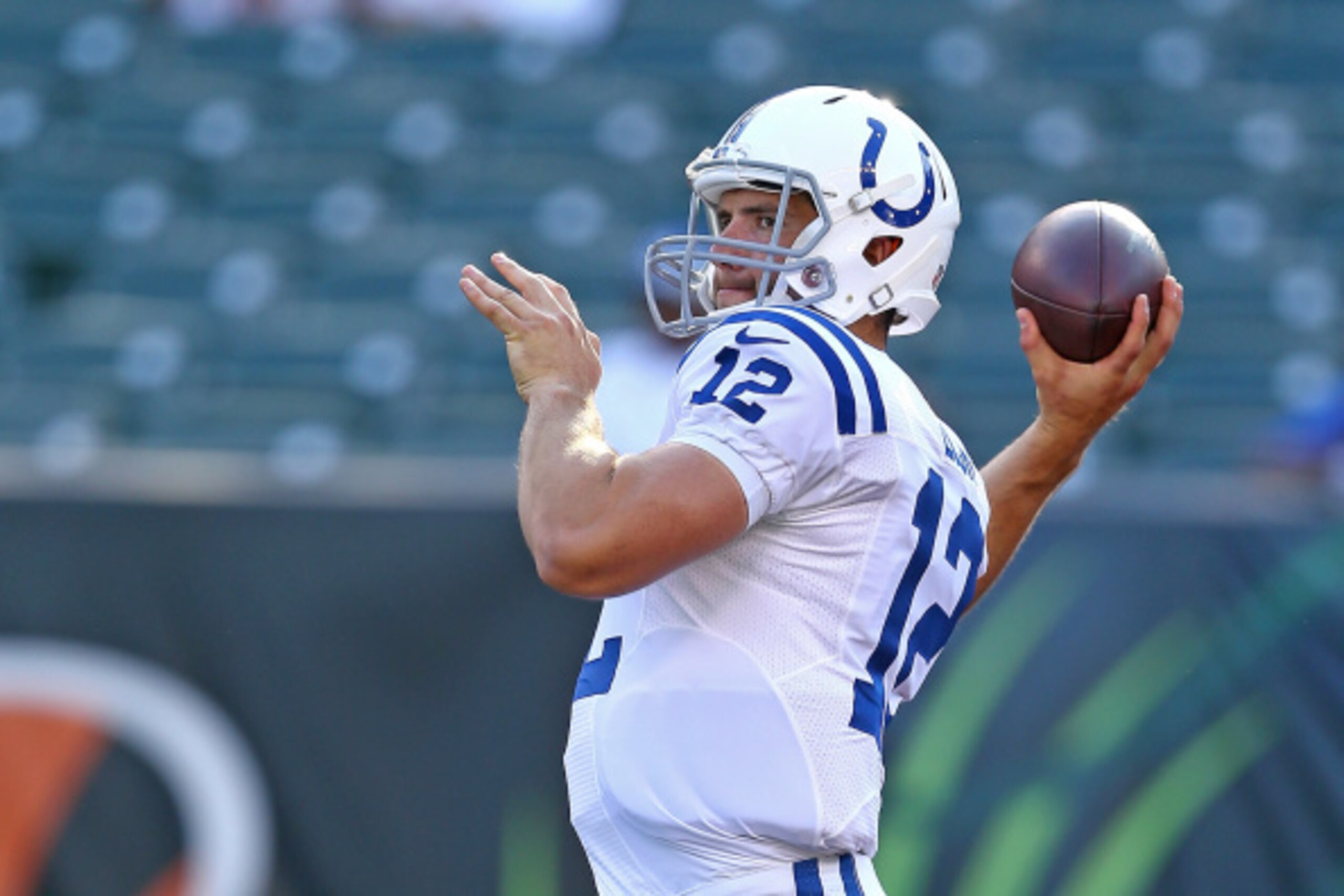 CINCINNATI, OH - AUGUST 28:  Andrew Luck #12 of the Indianapolis Colts warms up prior to the start of the game against the Cincinnati Bengals at Paul Brown Stadium on August 28, 2014 in Cincinnati, Ohio. (Photo by Andy Lyons/Getty Images)