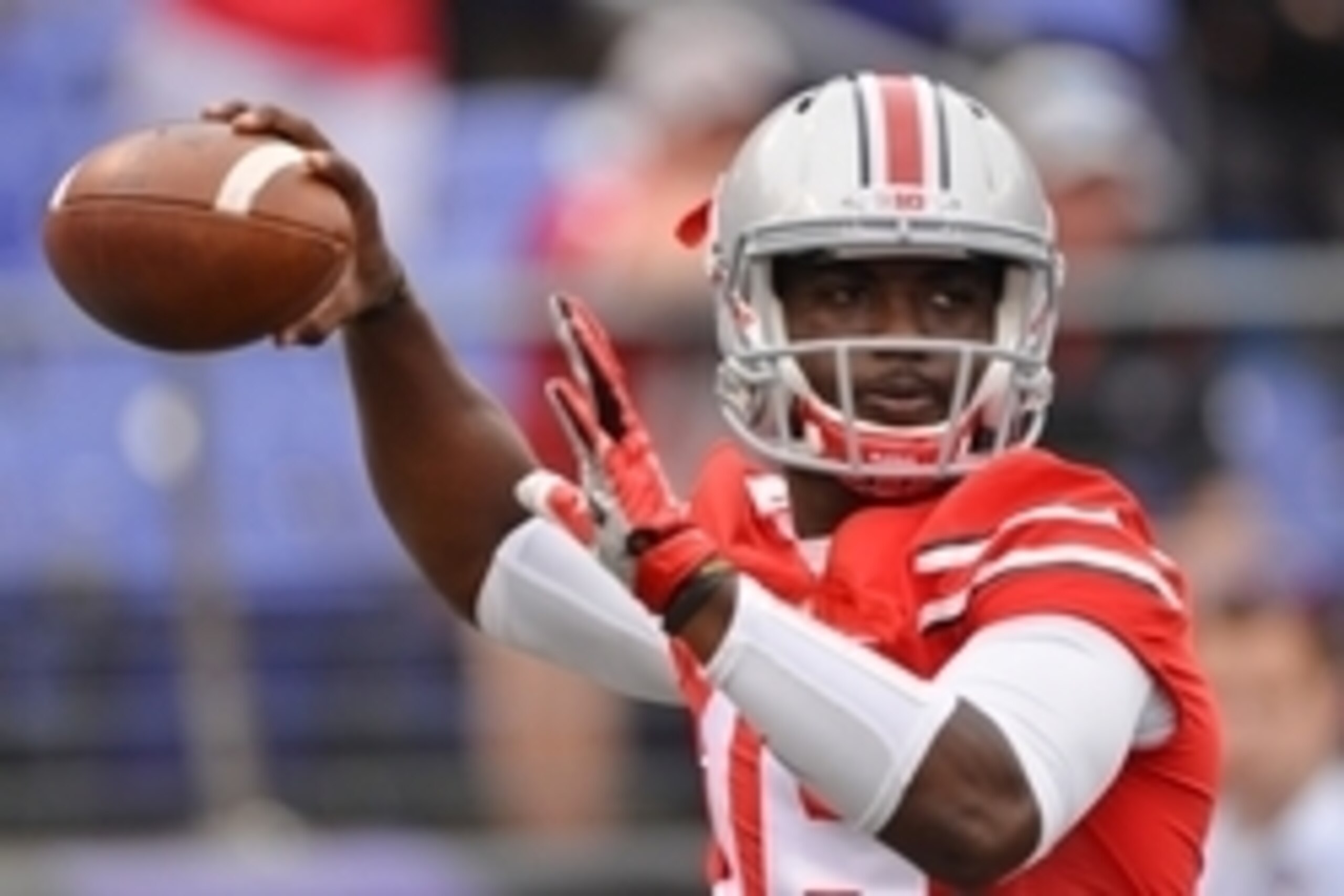 Aug 30, 2014; Baltimore, MD, USA; Ohio State Buckeyes quarterback J.T. Barrett (16) throws before the game Navy Midshipmen at M&T Bank Stadium. Mandatory Credit: Tommy Gilligan-USA TODAY Sports