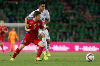 PRAGUE, CZECH REPUBLIC - SEPTEMBER 03: Vaclav Pilar (L) of Czech Republic competes for the ball with Joe Corona (R) of USA during the international friendly match between Czech Republic and USA on September 3, 2014 in Prague, Czech Republic. (Photo by Mat