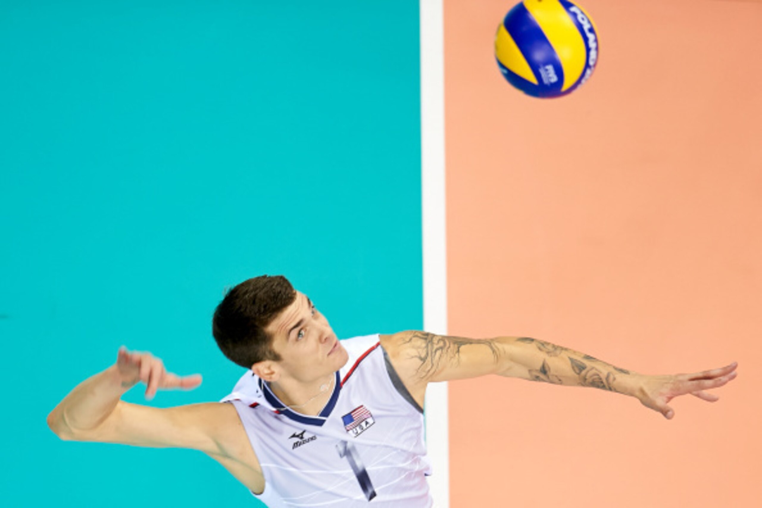 CRACOW, POLAND - SEPTEMBER 02: Matthew Anderson of USA serves the ball during the FIVB World Championships match between USA and Iran at Cracow Arena on September 2, 2014 in Cracow, Poland. (Photo by Adam Nurkiewicz/Getty Images)