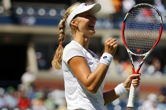 NEW YORK, NY - SEPTEMBER 03:  Ekaterina Makarova of Russia celebrates after defeating Victoria Azarenka of Belarus in their women's singles quarterfinal match on Day Ten of the 2014 US Open at the USTA Billie Jean King National Tennis Center on September 