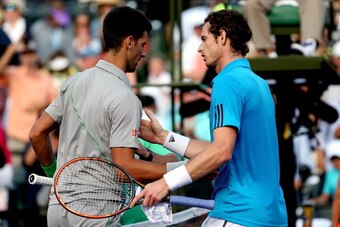 KEY BISCAYNE, FL - MARCH 26:  Novak Djokovic of Serbia ris congratulated by Andy Murray of Great Britain after their match during the Sony Open at the Crandon Park Tennis Center on March 26, 2014 in Key Biscayne, Florida.  (Photo by Matthew Stockman/Getty