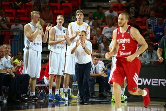 BILBAO, SPAIN - SEPTEMBER 2:  Mike Fratello head coach of the Ukraine National team during the game against the Turkey Men's Basketball Team at the 2014 FIBA World Cup at Bizkaia Arena in Bilbao Exhibition Centre on September 2, 2014 in Bilbao, Spain.  NO