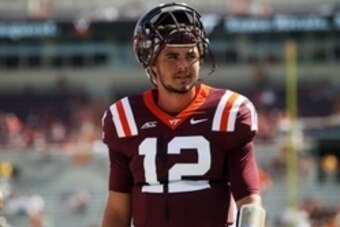 Aug 30, 2014; Blacksburg, VA, USA; Virginia Tech Hokies quarterback Michael Brewer (12) before the game against the William & Mary Tribe at Lane Stadium. Mandatory Credit: Peter Casey-USA TODAY Sports