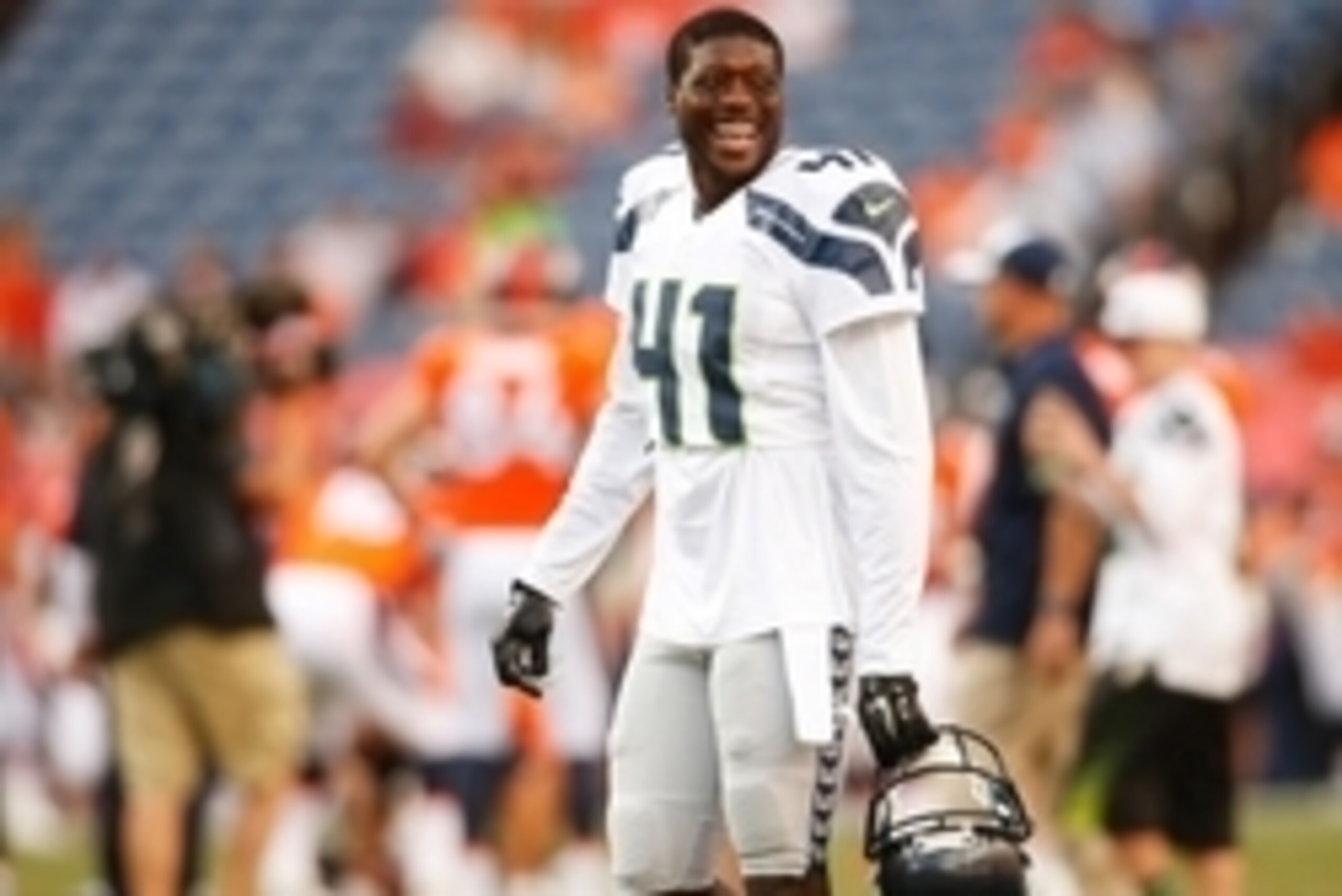 Aug 7, 2014; Denver, CO, USA; Seattle Seahawks cornerback Byron Maxwell (41) before the preseason game against the Denver Broncos at Sports Authority Field at Mile High. Mandatory Credit: Chris Humphreys-USA TODAY Sports