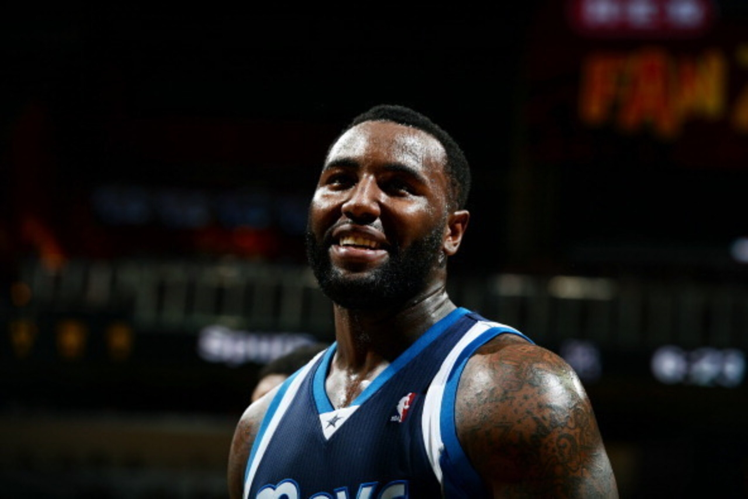 SAN ANTONIO, TX - APRIL 23: DeJuan Blair #45 of the Dallas Mavericks stands on the court during a game against the San Antonio Spurs during Game One of the Western Conference Quarterfinals of the 2014 NBA Playoffs on April 23, 2014 at the AT&T Center in S
