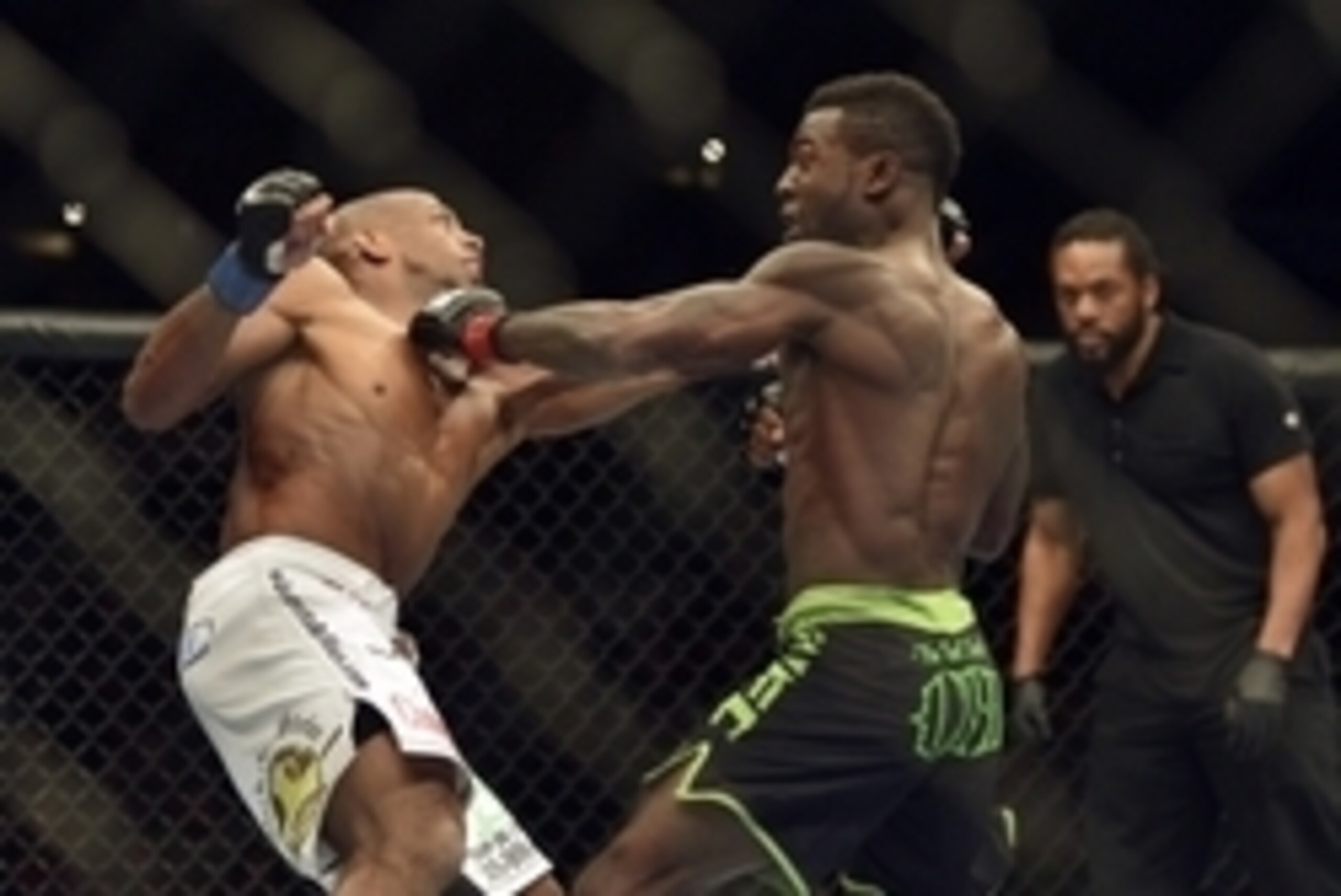 Apr 26, 2014; Baltimore, MD, USA; Chris Beal (left) strikes Patrick Williams during the second round at Baltimore Arena. Beal defeated Williams by knock out in the second round. Mandatory Credit: Tommy Gilligan-USA TODAY Sports