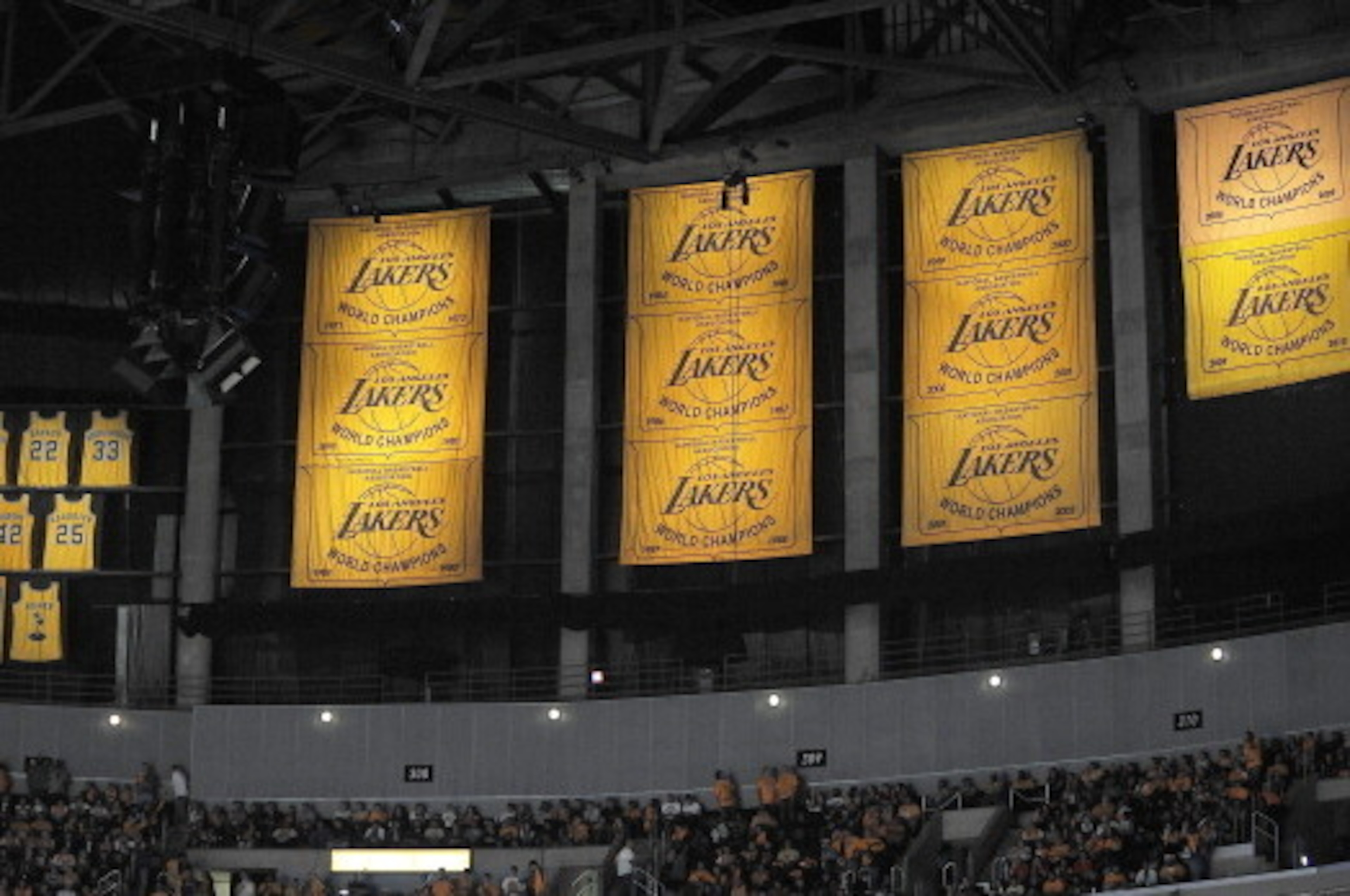LOS ANGELES - OCTOBER 26:  The 2009-2010 Los Angeles Lakers Championship banner is displayed during the ring ceremony prior to the opening night game against the Houston Rockets at Staples Center on October 26, 2010 in Los Angeles, California. NOTE TO USE