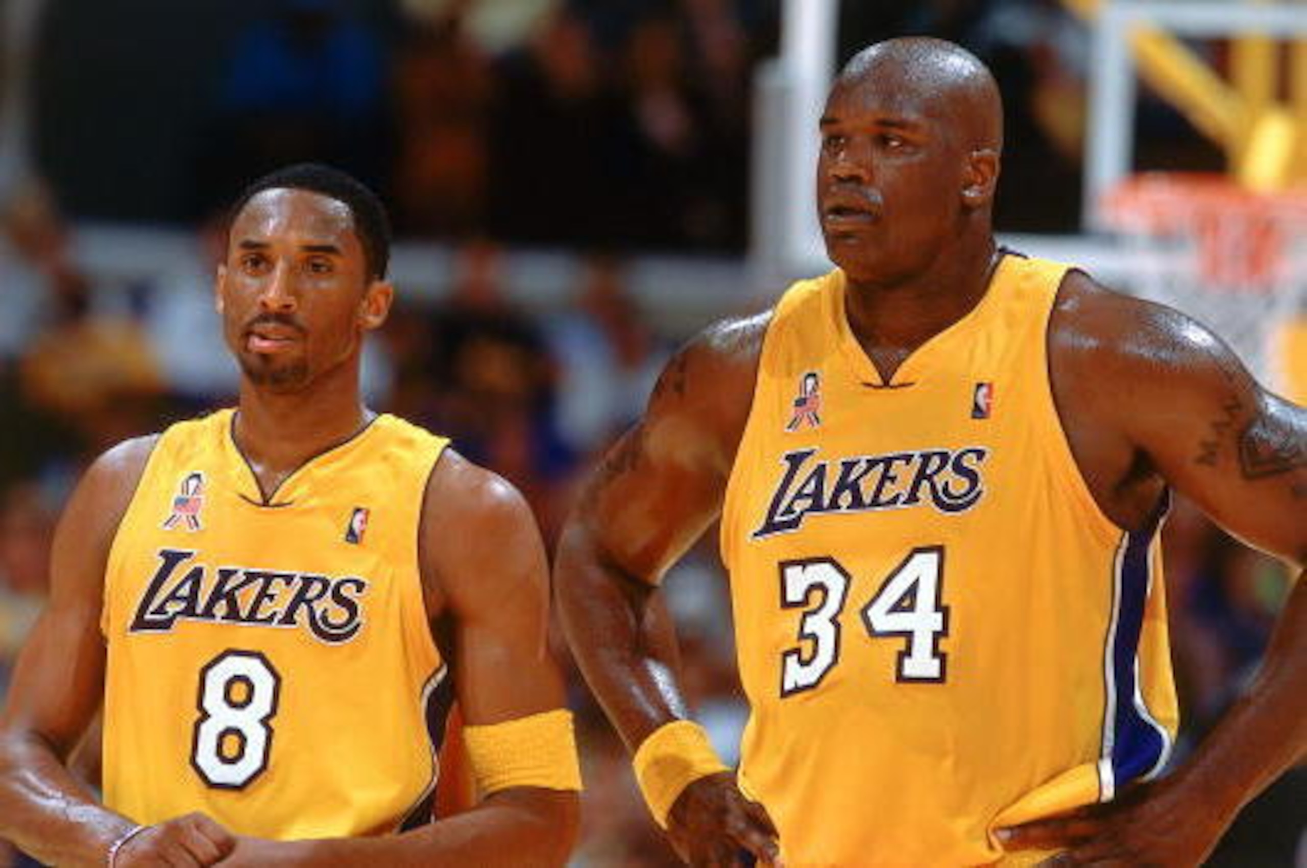 21 Apr 2002:  Kobe Bryant #8 and Shaquille O''Neal #34 of the Los Angeles Lakers against the Portland Trail Blazers   during game 1 of the 1st round of the 2002 NBA Playoffs at The Staples Center in Los Angeles,  California. Note to user: User expressly a