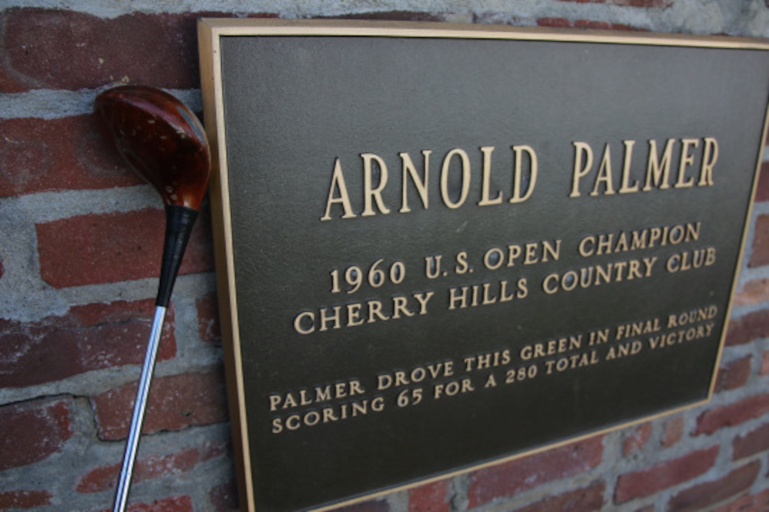 CHERRY HILLS VILLAGE, CO - SEPTEMBER 02:  A vintage persimmon wood driver is displayed and offered to players on the first tee during practice ahead of the BMW Championship at the Cherry Hills Country Club on September 2, 2014 in Cherry Hills Village, Col