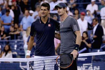 NEW YORK, NY - SEPTEMBER 03:  Novak Djokovic of Serbia and Andy Murray of Great Britain pose before their men's singles quarterfinal match on Day Ten of the 2014 US Open at the USTA Billie Jean King National Tennis Center on September 3, 2014 in the Flush