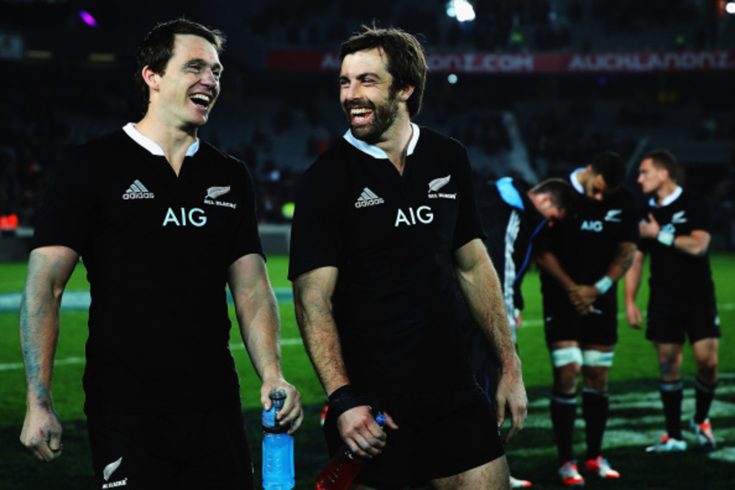 AUCKLAND, NEW ZEALAND - AUGUST 23: Ben Smith of the All Blacks celebrates with Conrad Smith after winning The Rugby Championship match between the New Zealand All Blacks and the Australian Wallabies at Eden Park on August 23, 2014 in Auckland, New Zealand