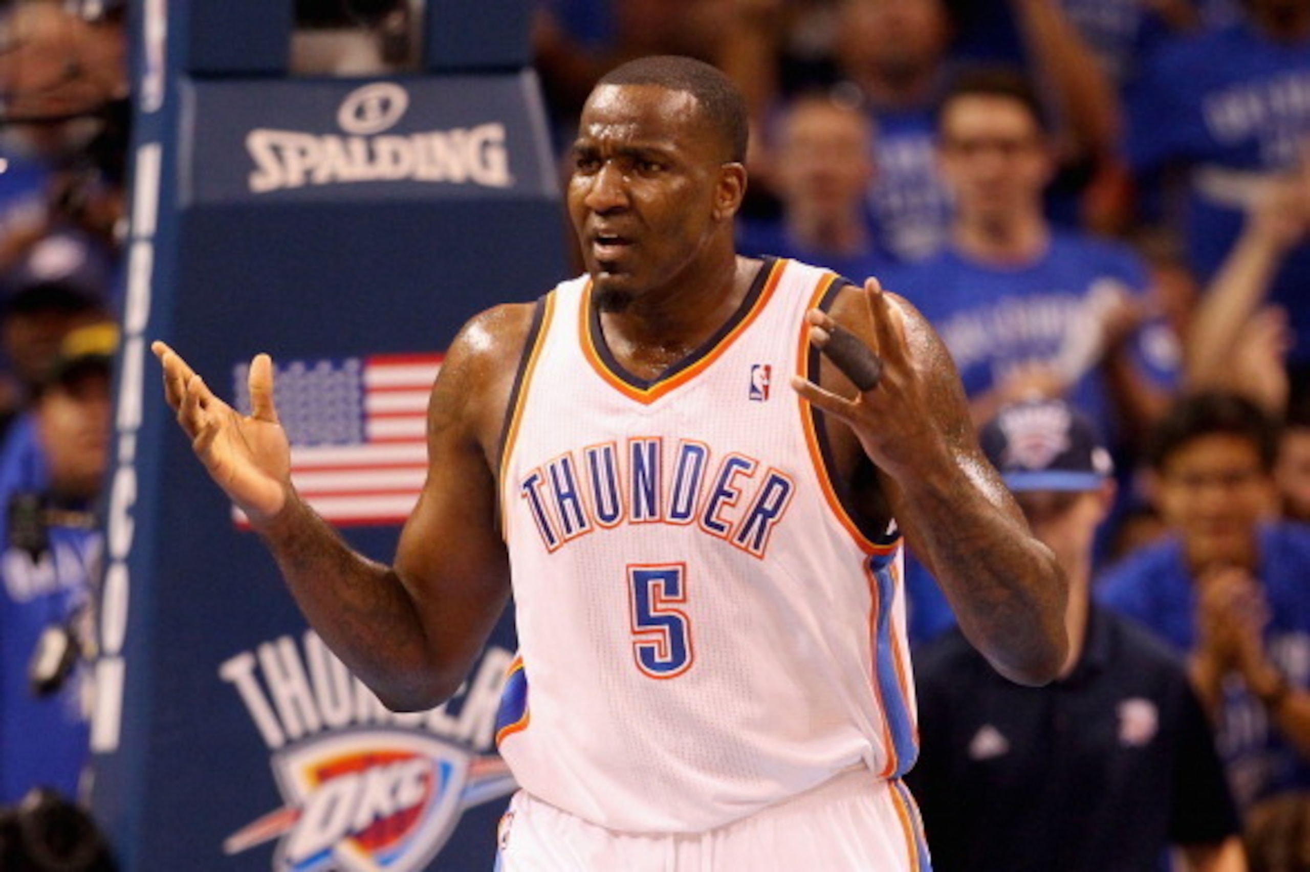 OKLAHOMA CITY, OK - MAY 25: Kendrick Perkins #5 of the Oklahoma City Thunder reacts after a play in the second quarter against the San Antonio Spurs during Game Three of the Western Conference Finals of the 2014 NBA Playoffs at Chesapeake Energy Arena on 