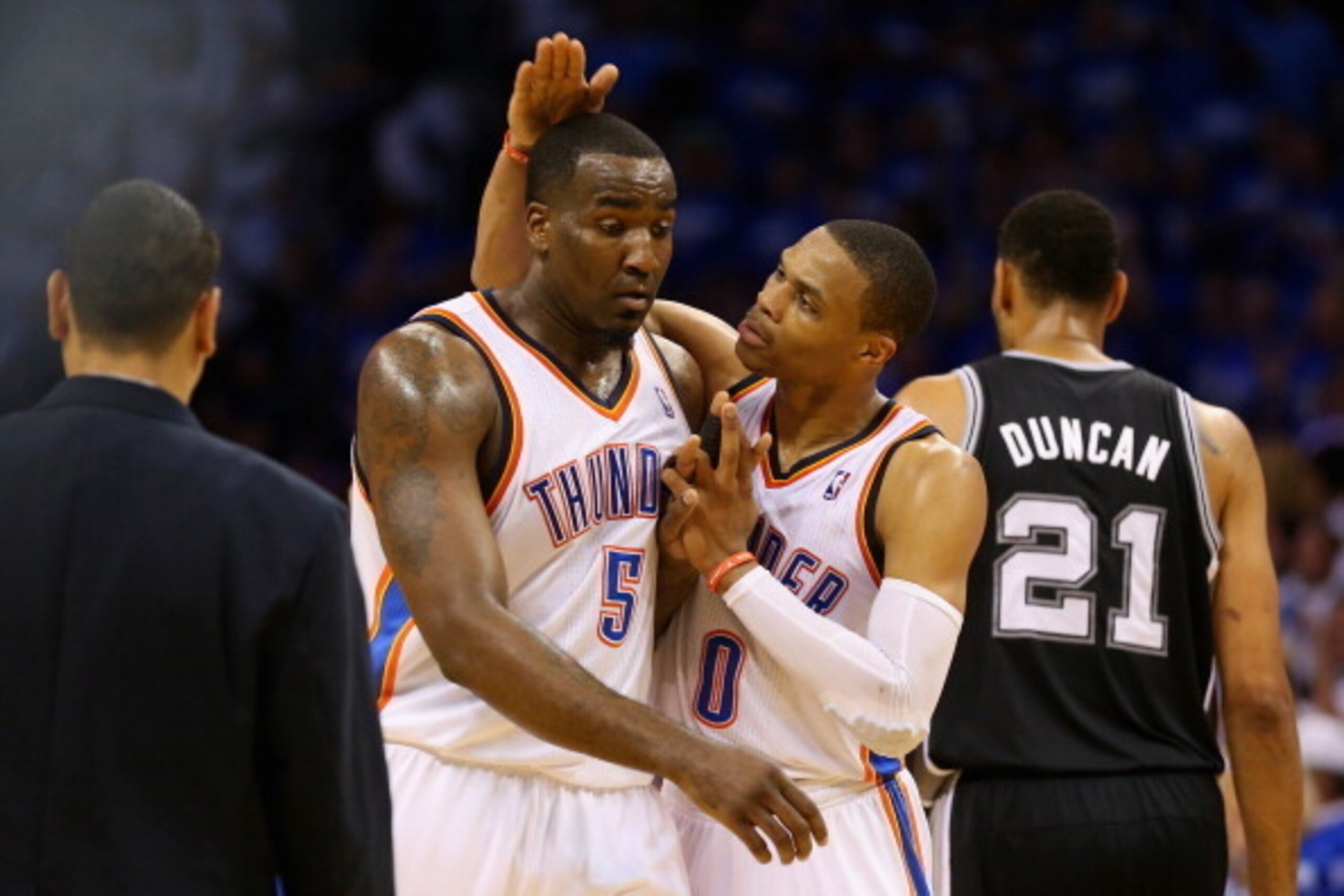 OKLAHOMA CITY, OK - MAY 27:  Kendrick Perkins #5 and Russell Westbrook #0 of the Oklahoma City Thunder react after a play in the second quarter against the San Antonio Spurs during Game Four of the Western Conference Finals of the 2014 NBA Playoffs at Che