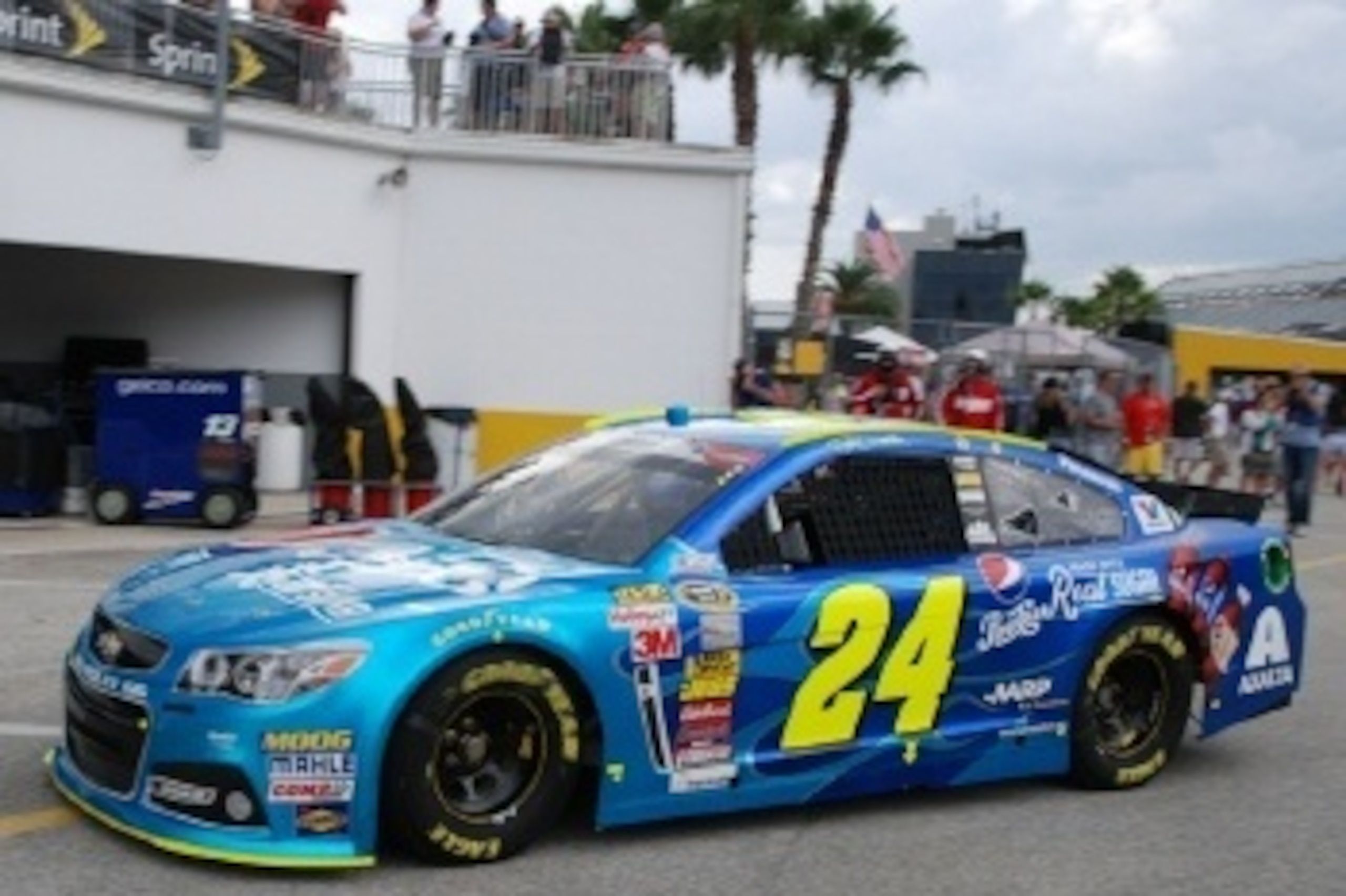 Jeff Gordon pulls into the Daytona garage after a practice run.