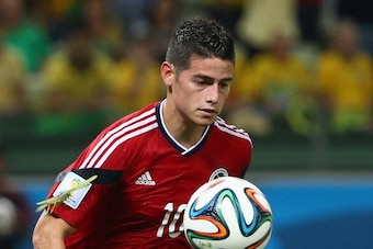 FORTALEZA, BRAZIL - JULY 04:  A bug lands on the arm of James Rodriguez of Colombia as he celebrates scoring his team's first goal on a penalty kick during the 2014 FIFA World Cup Brazil Quarter Final match between Brazil and Colombia at Castelao on July 