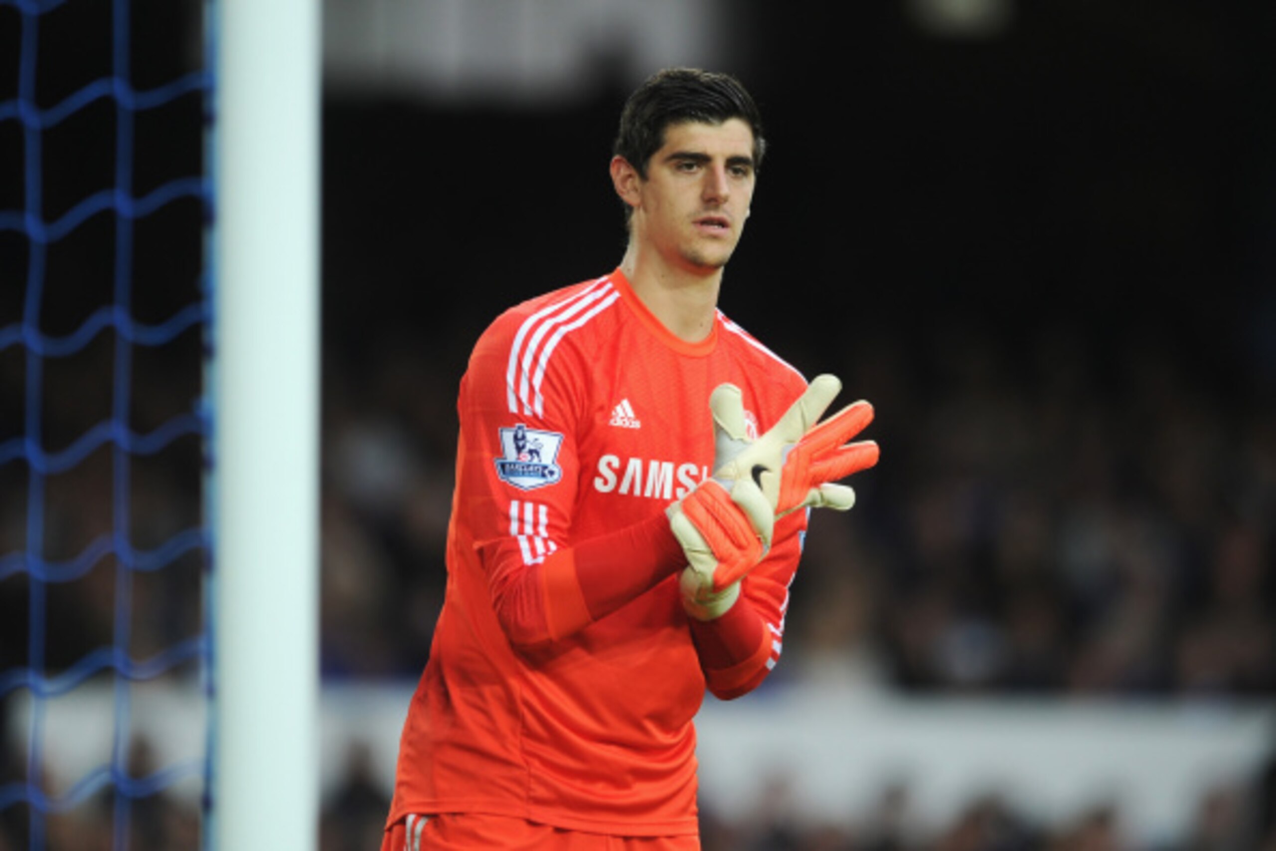 LIVERPOOL, ENGLAND - AUGUST 30: Thibaut Courtois of Chelsea looks on during the Barclays Premier League match between Everton and Chelsea at Goodison Park on August 30, 2014 in Liverpool, England.  (Photo by Chris Brunskill/Getty Images)